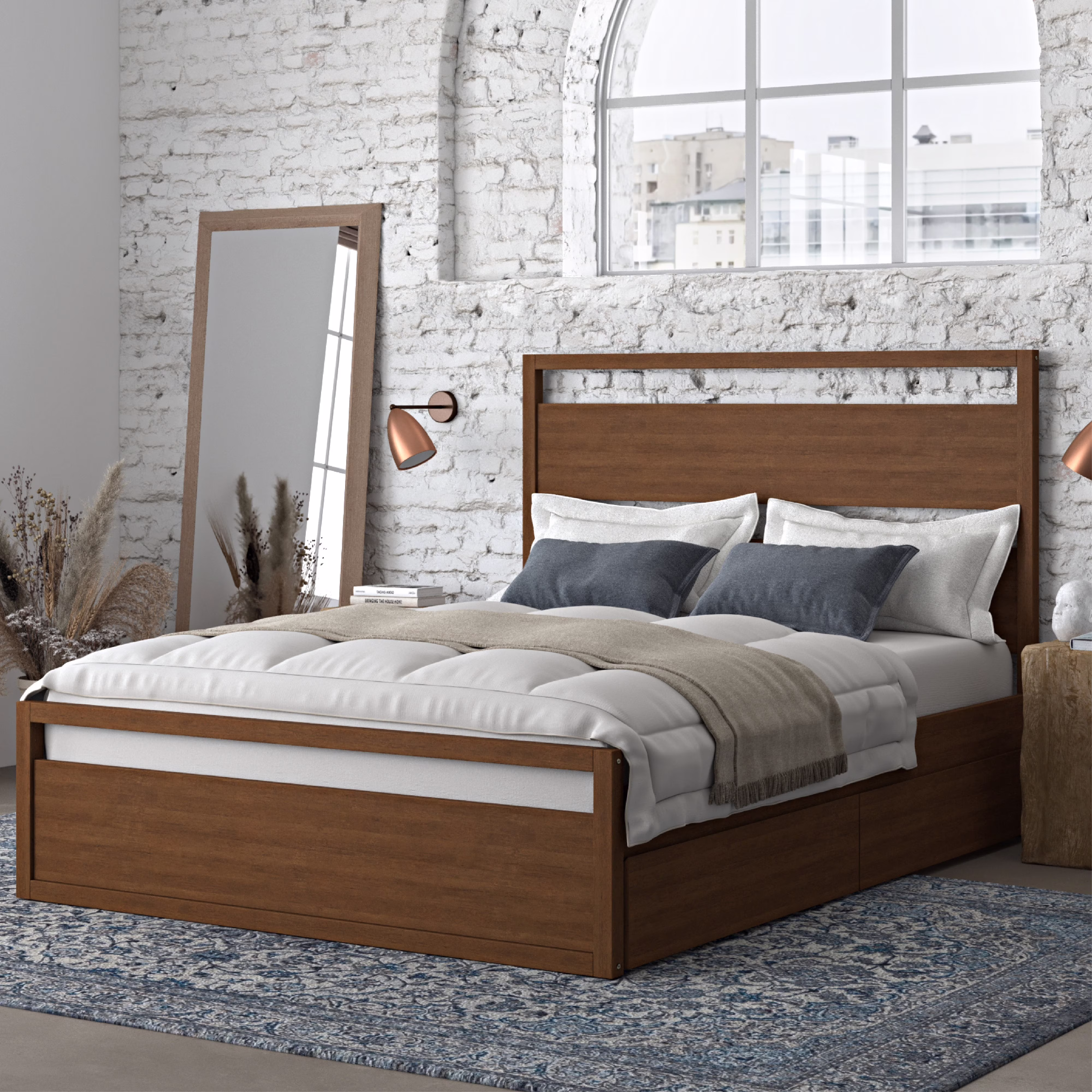 DG Casa Columbus Queen Storage Bed - Walnut Platform with Storage and Full Slat Support - No Box Spring