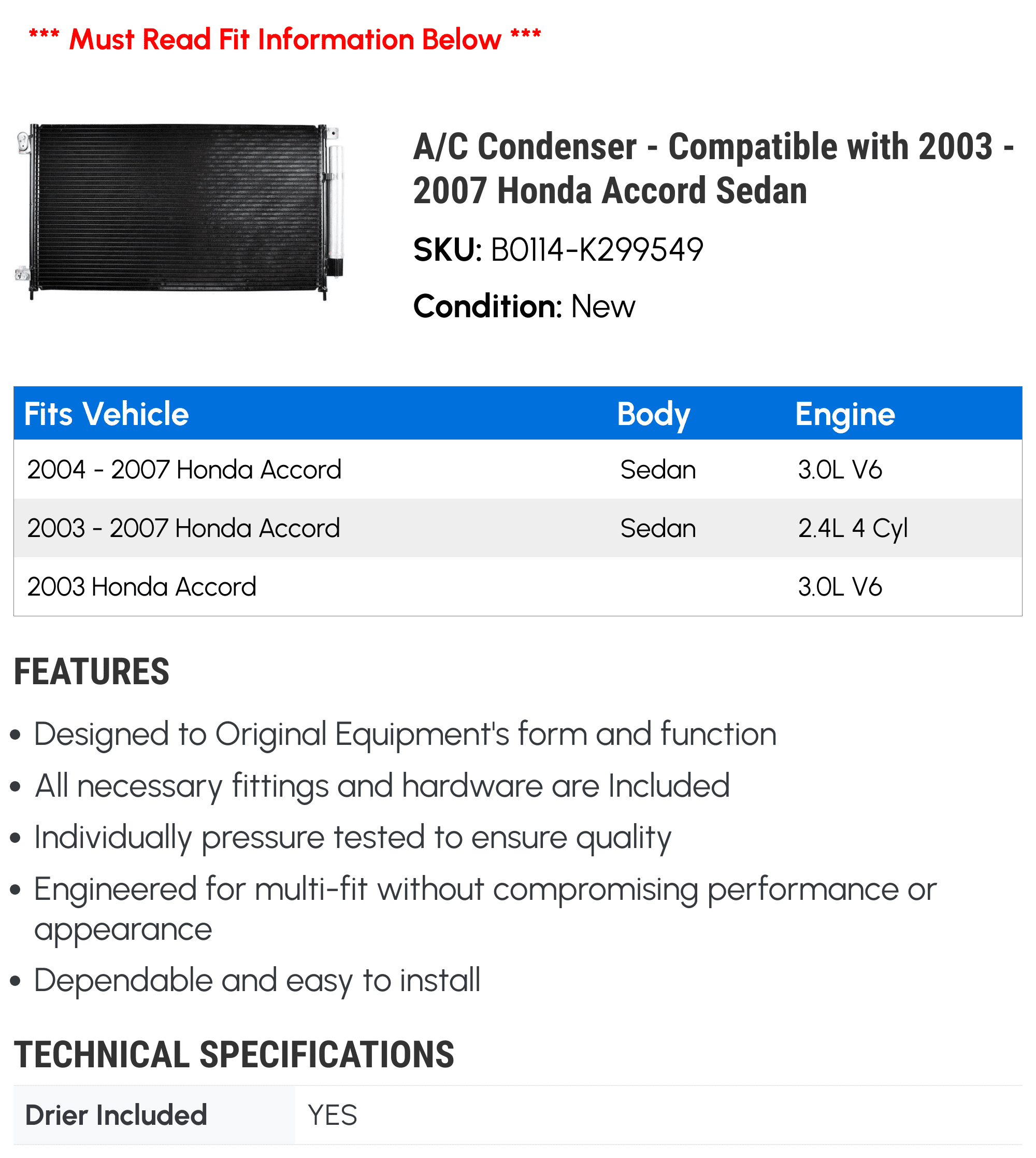 A/C Condenser - Compatible with 2003 - 2007 Honda Accord Sedan 2004 2005 2006