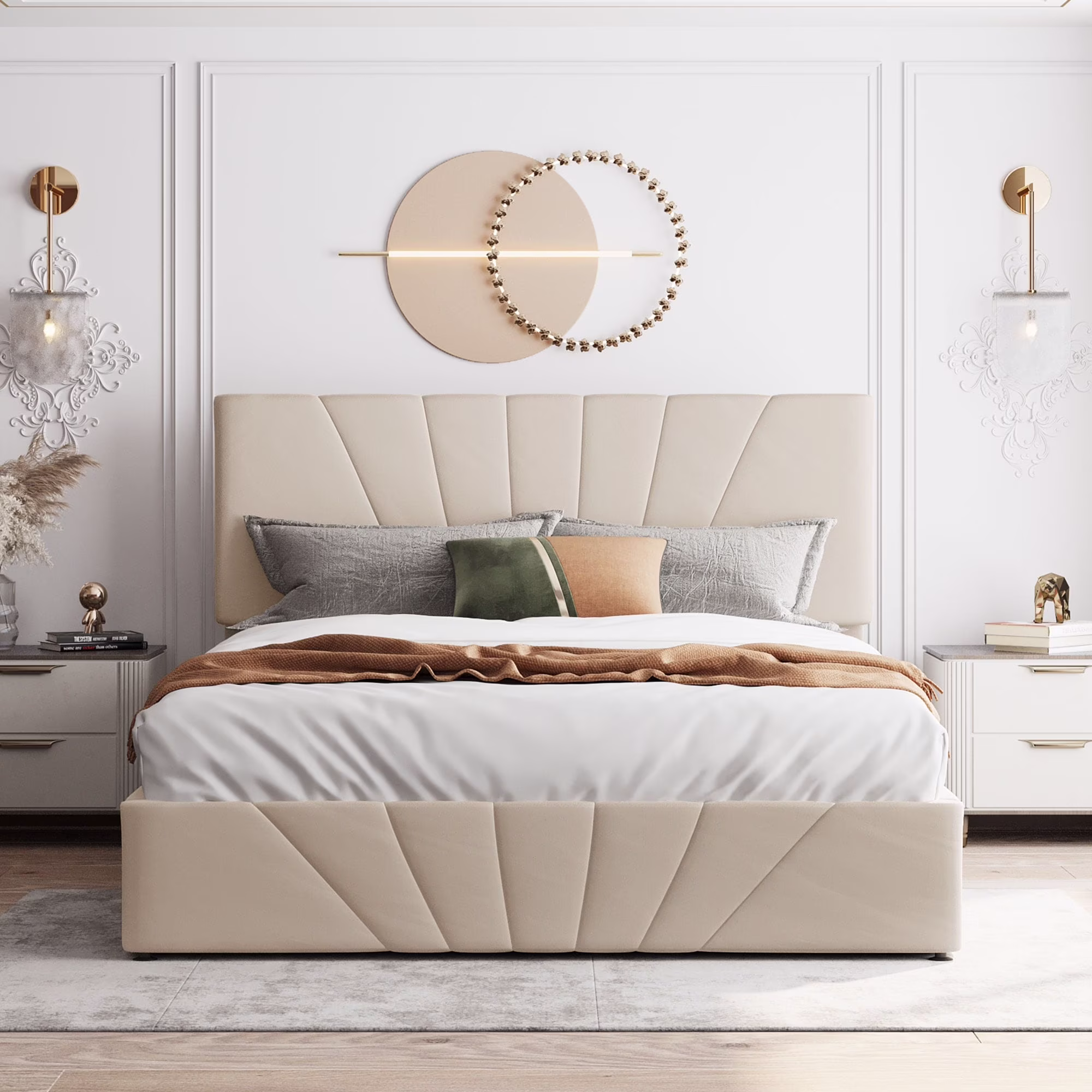 Beige Upholstered Queen Size Platform Bed with Hydraulic Storage