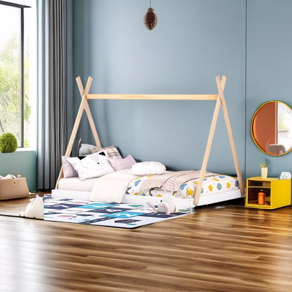 Full Size Tent Floor Bed with Triangle Structure, Moden Full Teepee Bed Platform Bed Frame,Wood Montessori Floor Bed for Kids Girls Boys