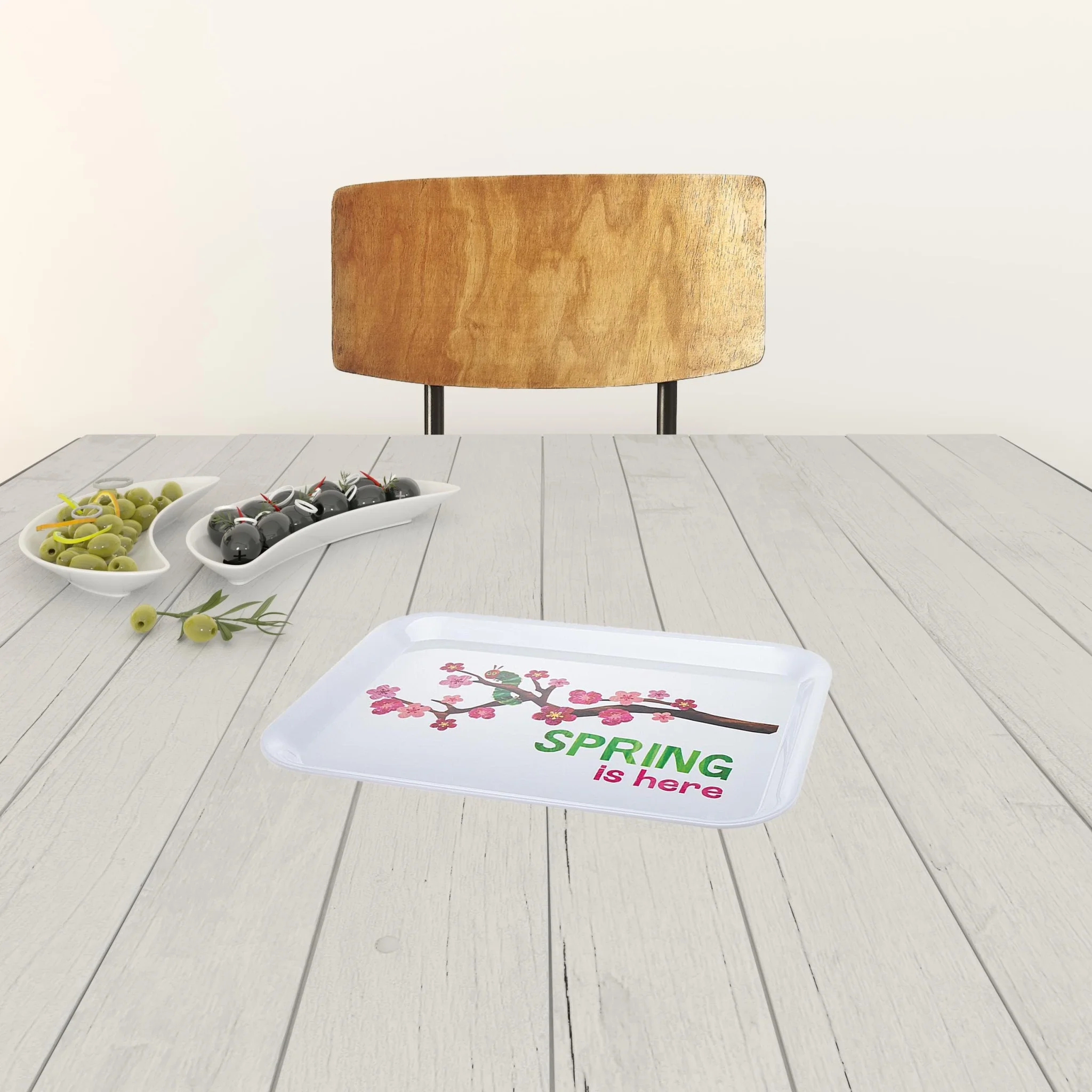 HomeRoots 517508 15 in. Rectangular Spring Floral Melamine Platter, White