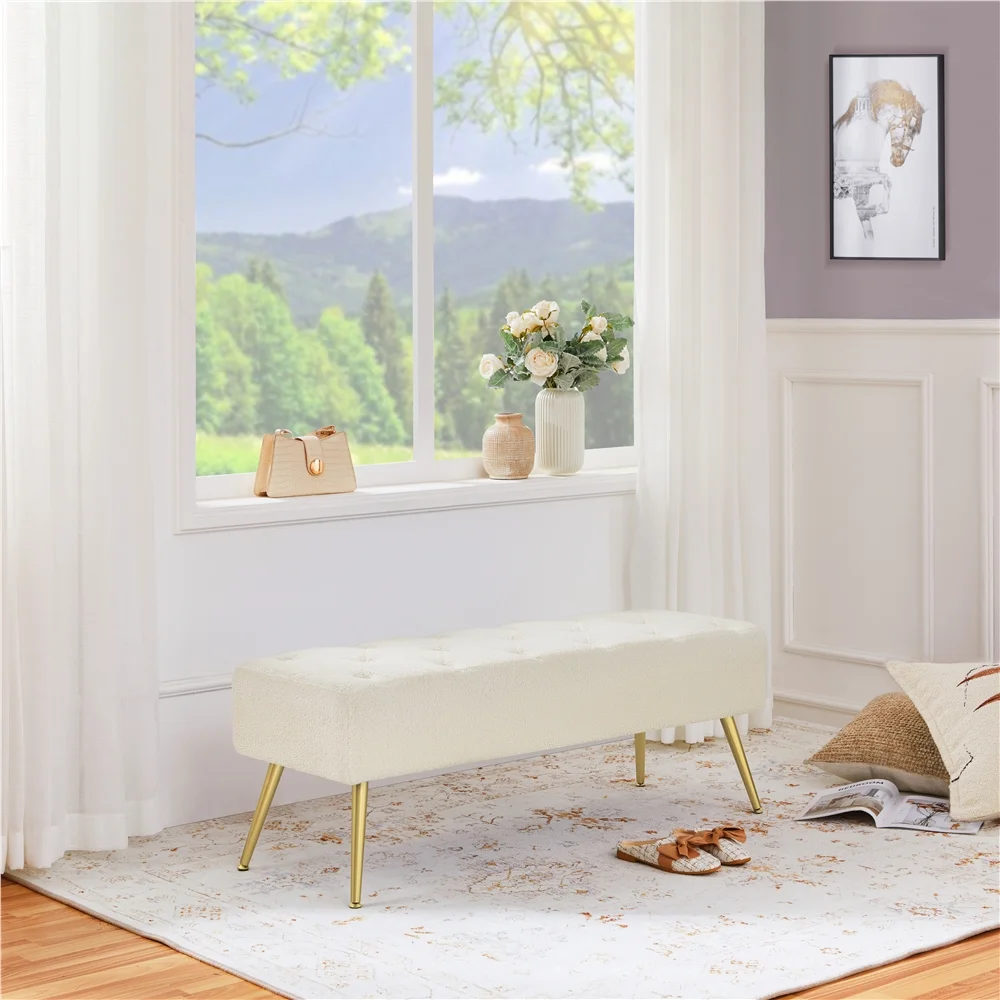 SmileMart Modern Ottoman Velvet Footstool Bench for Bedroom, Ivory