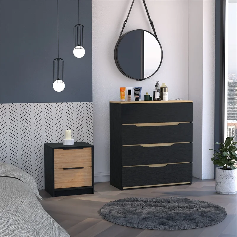 FM FURNITURE Canby 2-Piece Bedroom Set with Nightstand and Dresser, Black/Pine/Light Oak