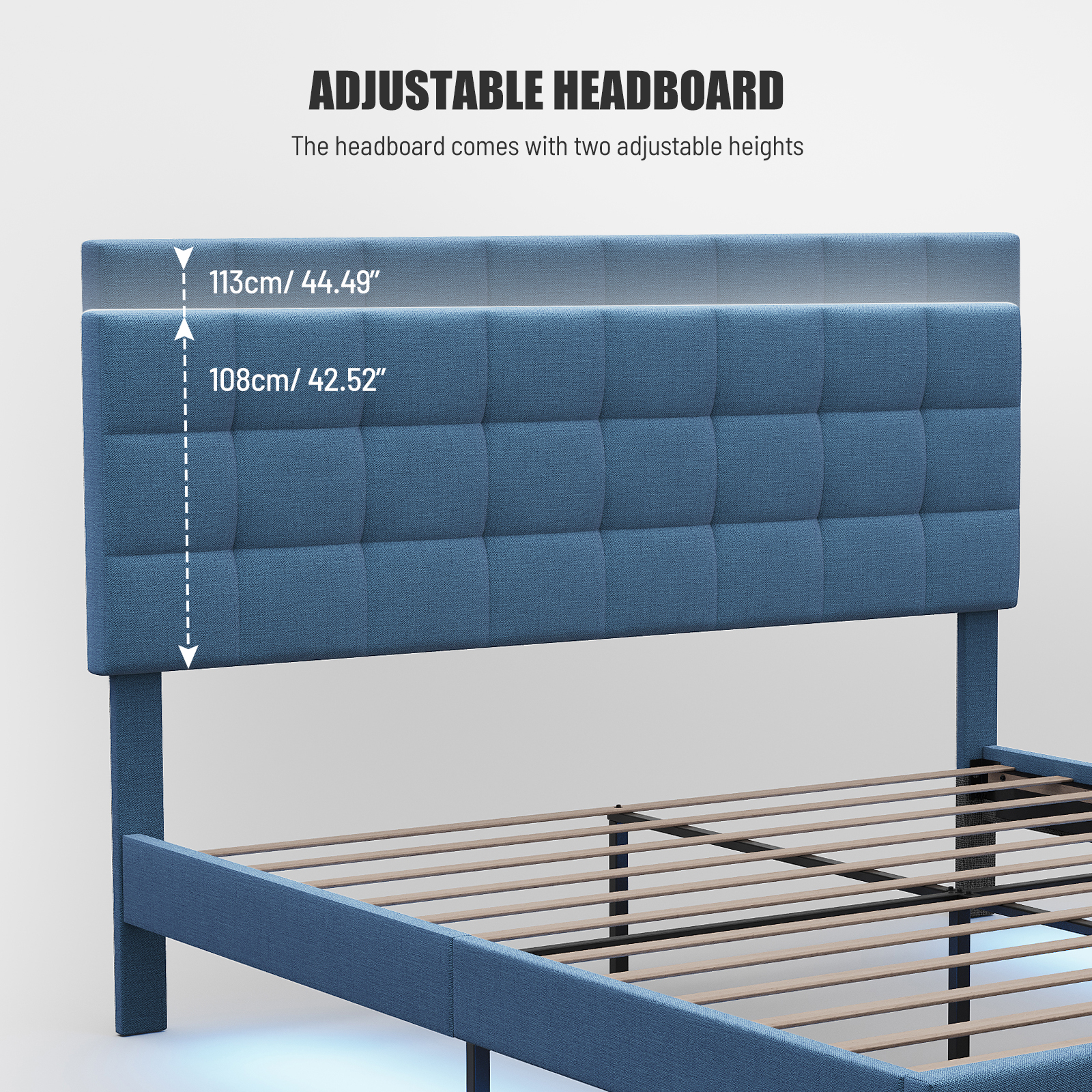 Docooler Upholstered Queen Size Platform Bed Frame with RGB  Stripe Linen Fabric Height Adjustable Headboard No Box Spring Needed Blue