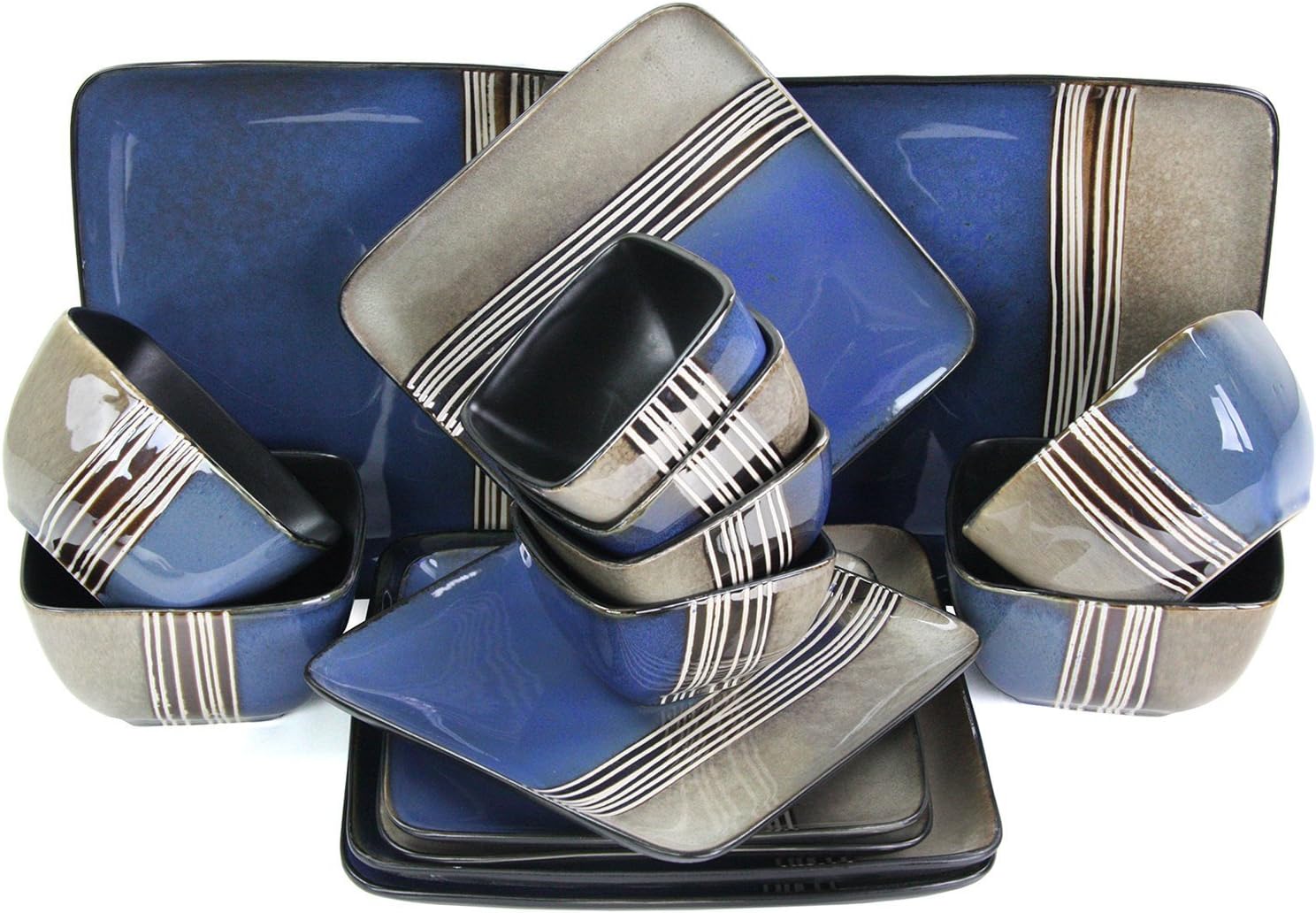 Square  Loft Collection Dinnerware Dish Set, 16 Piece, Blue And Tan With White Accents