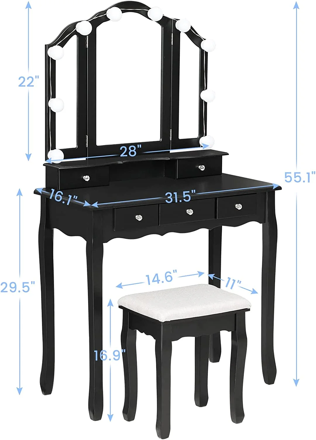 Tiptiper Makeup Vanity Table Desk Set with Lighted Tri-Fold Mirror and Stool for Bedroom, Black