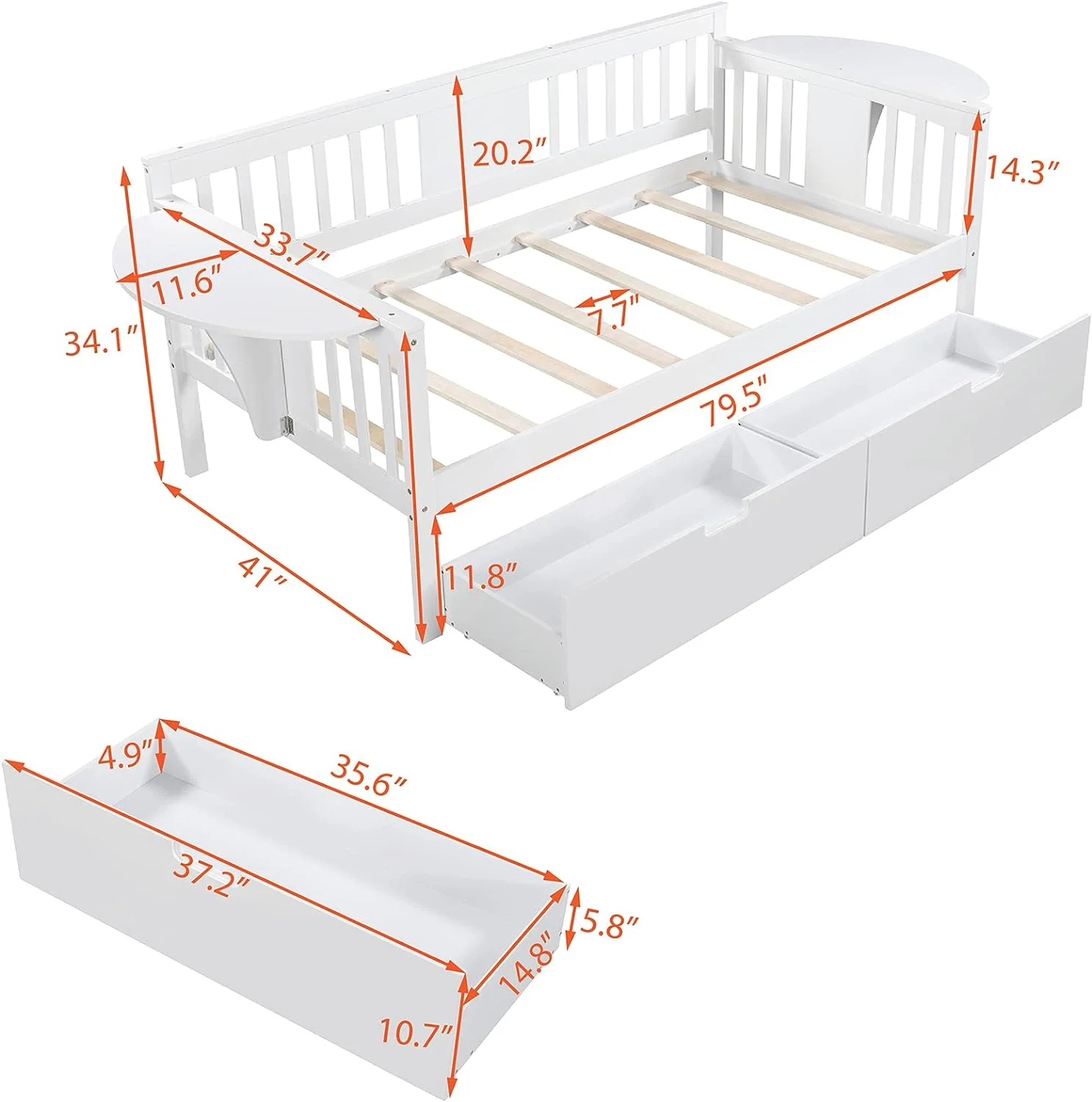 Size Daybed Wih wo Drawers,Wood Size Sofa Bed Frame Wih Small able, Dual-Use Surdy Bed For Kids Guess Sleepovers,Whie