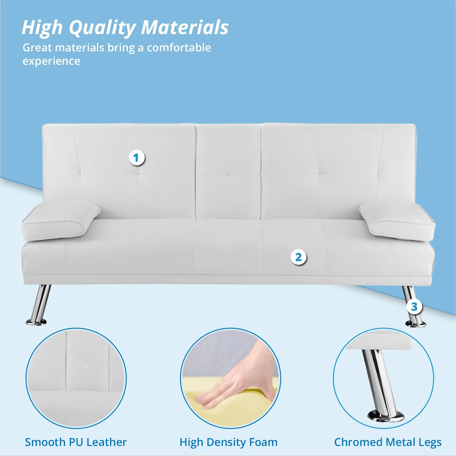 White Convertible Futon Sofa, Modern Reclining Black Sleeper Sofa, Faux Leather Futon Sofa Bed with Armrest and Cupholders