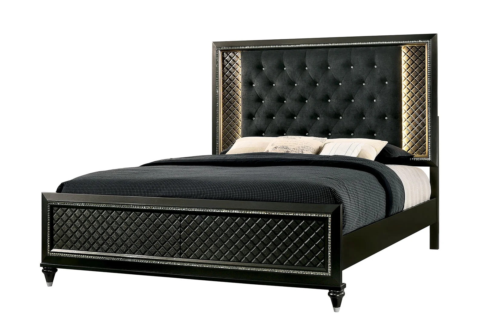 Bedroom Furniture 3pc Set Queen Size Bed 2x Nightstands Metallic Gray Solid wood Black Fabric Tufted HB Texture Frame