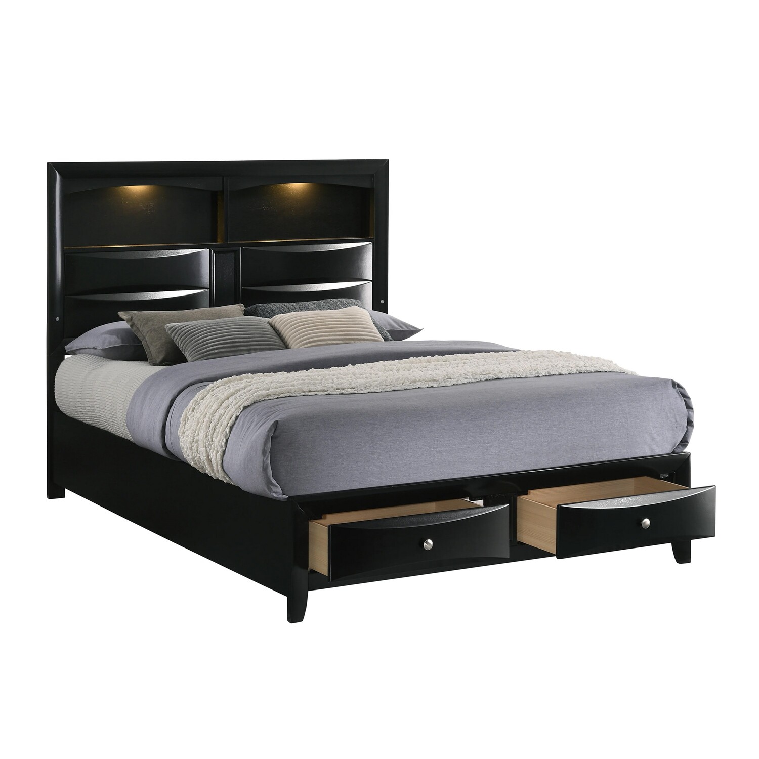 Benjara Flash Queen Size Bed, 2 Storage Drawers, Shelves, Black Wood, LED Headboard