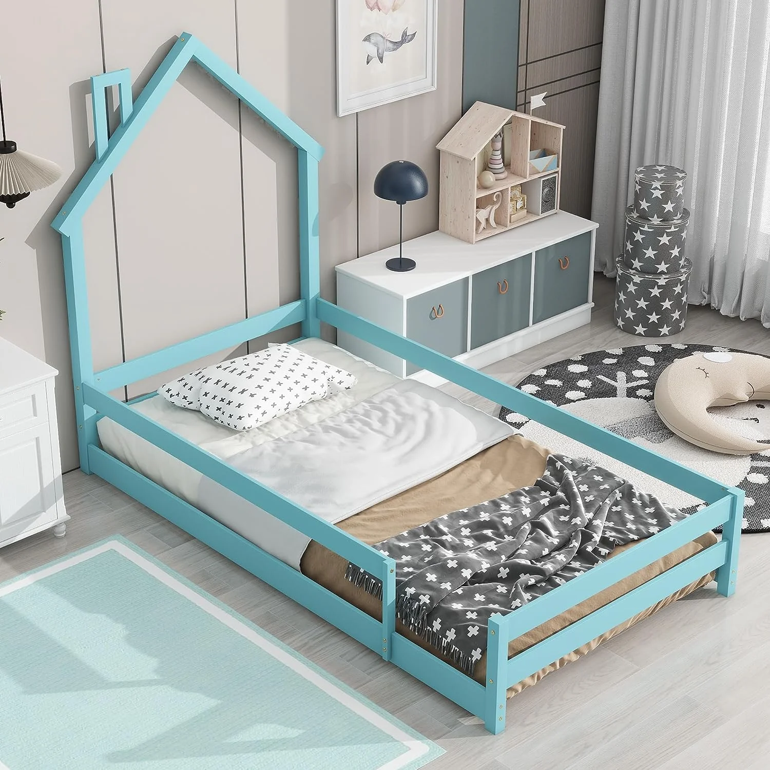 Tabaray Twin Size House-Style Bed Frame with Nightstand, Modern Twin Floor Bed Frame with House Shaped Headboard for Kids Boys Girls Teens (Light Blue)