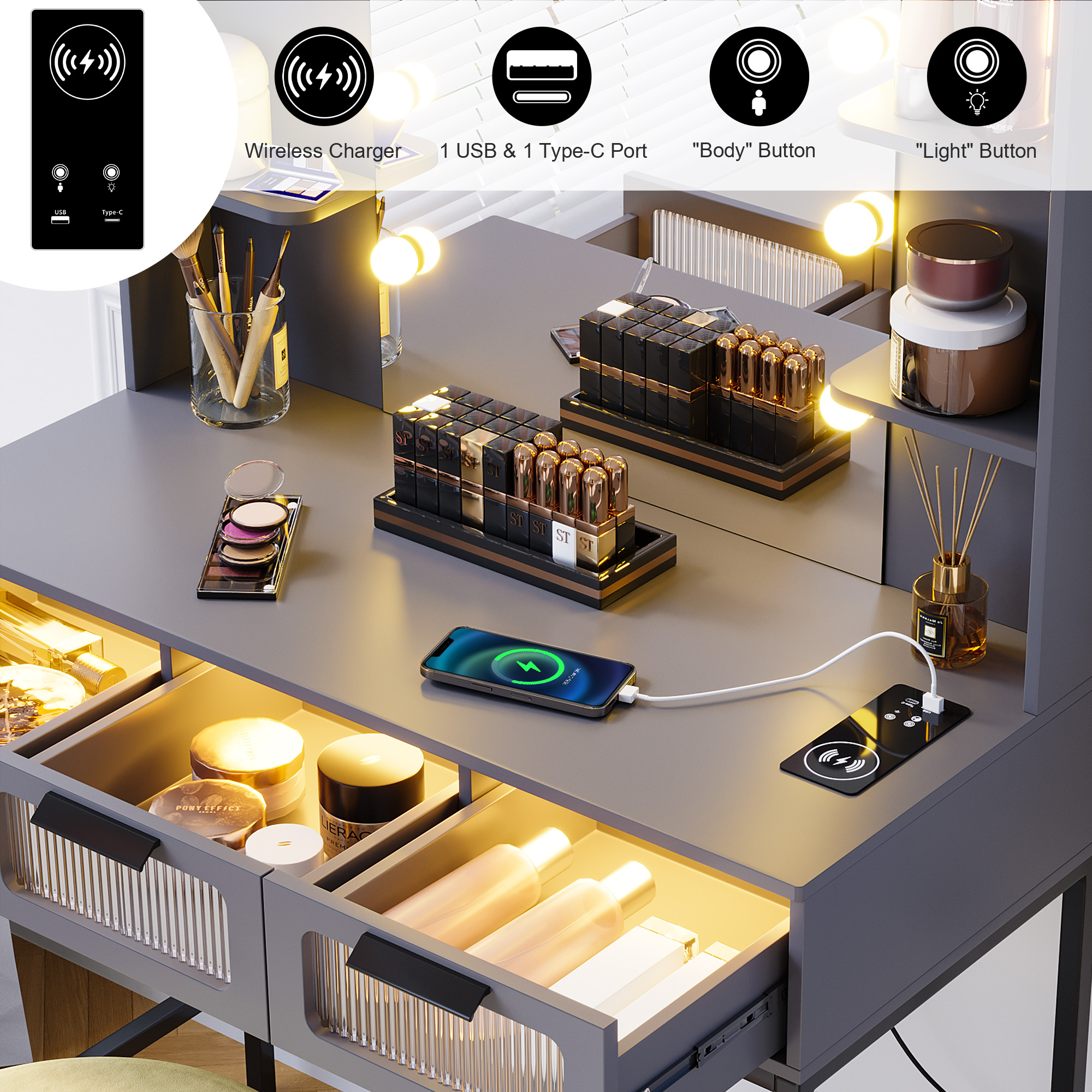 HNEBC Makeup Vanity with Charging Station,LED Vanity Desk with Mirror and 10 Bulbs, Vanity with Lights, Make Dedk with 3 Drawers/Stool with Senser Mode Dressing Table