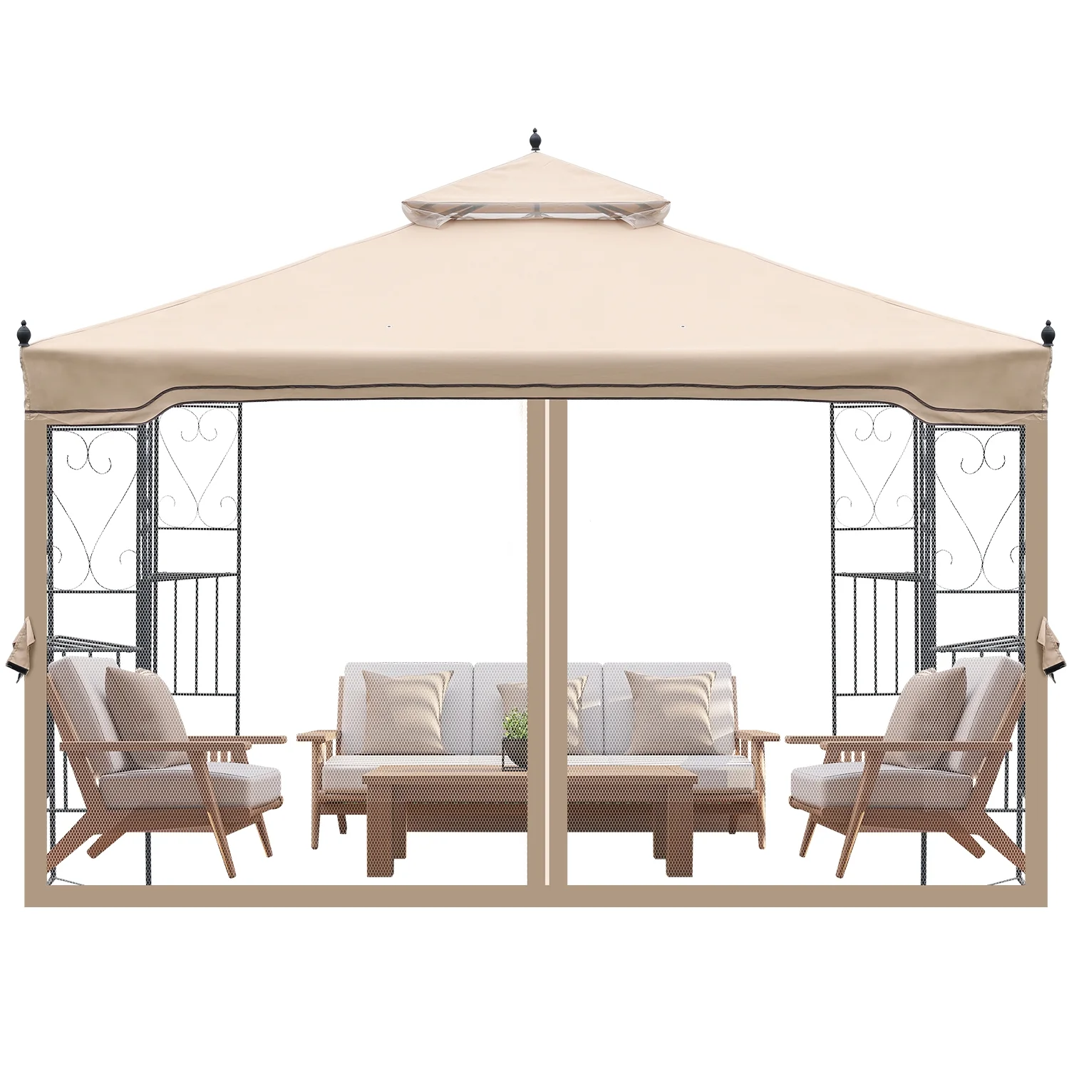 Aoodor 12' x 10' Patio Gazebo 12 ft Metal Frame with Mesh Netting Canopy Top Beige - Khaki