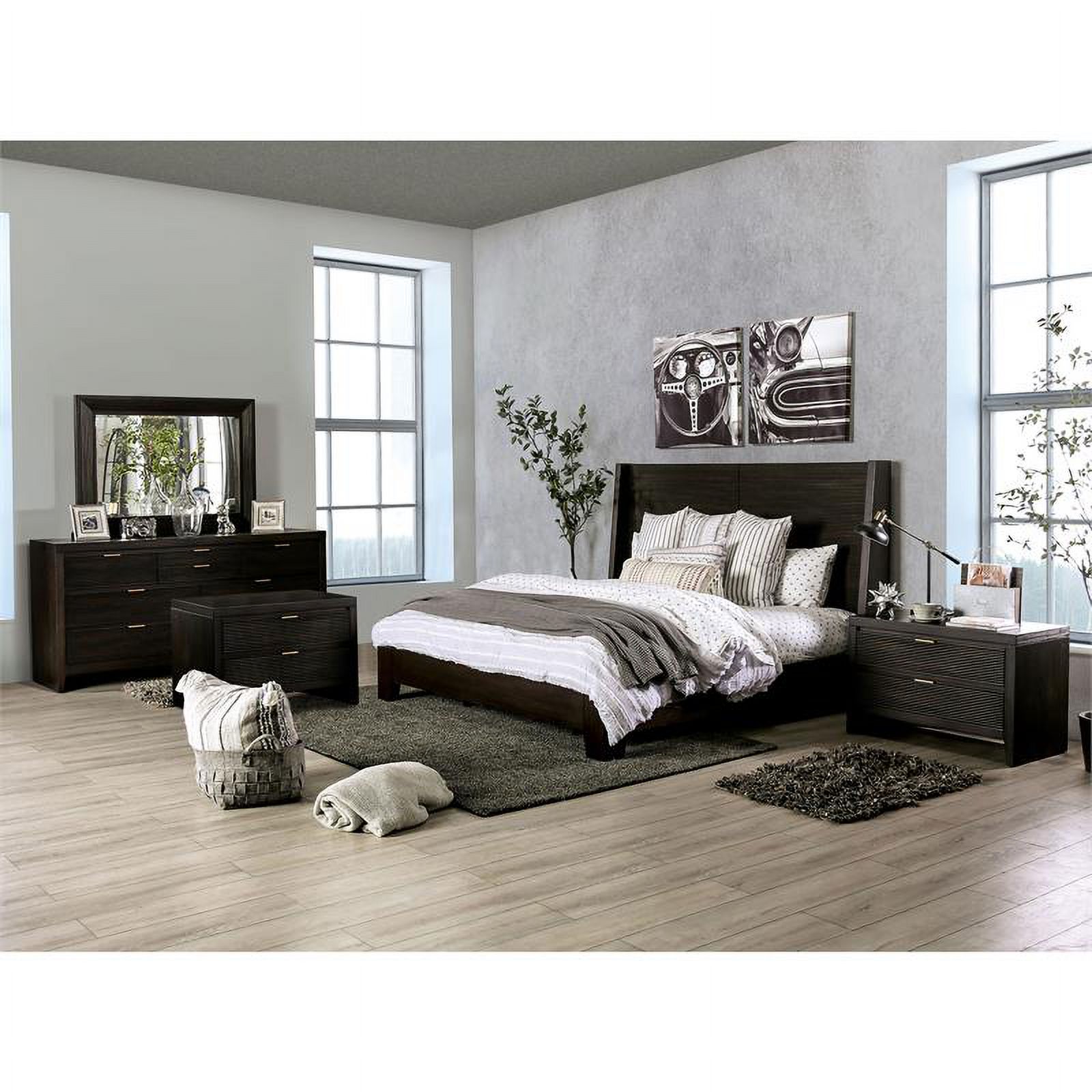FOA Tezra 5pc Walnut Wood Bedroom Set-Queen+2 Nightstands+Dresser+Mirror