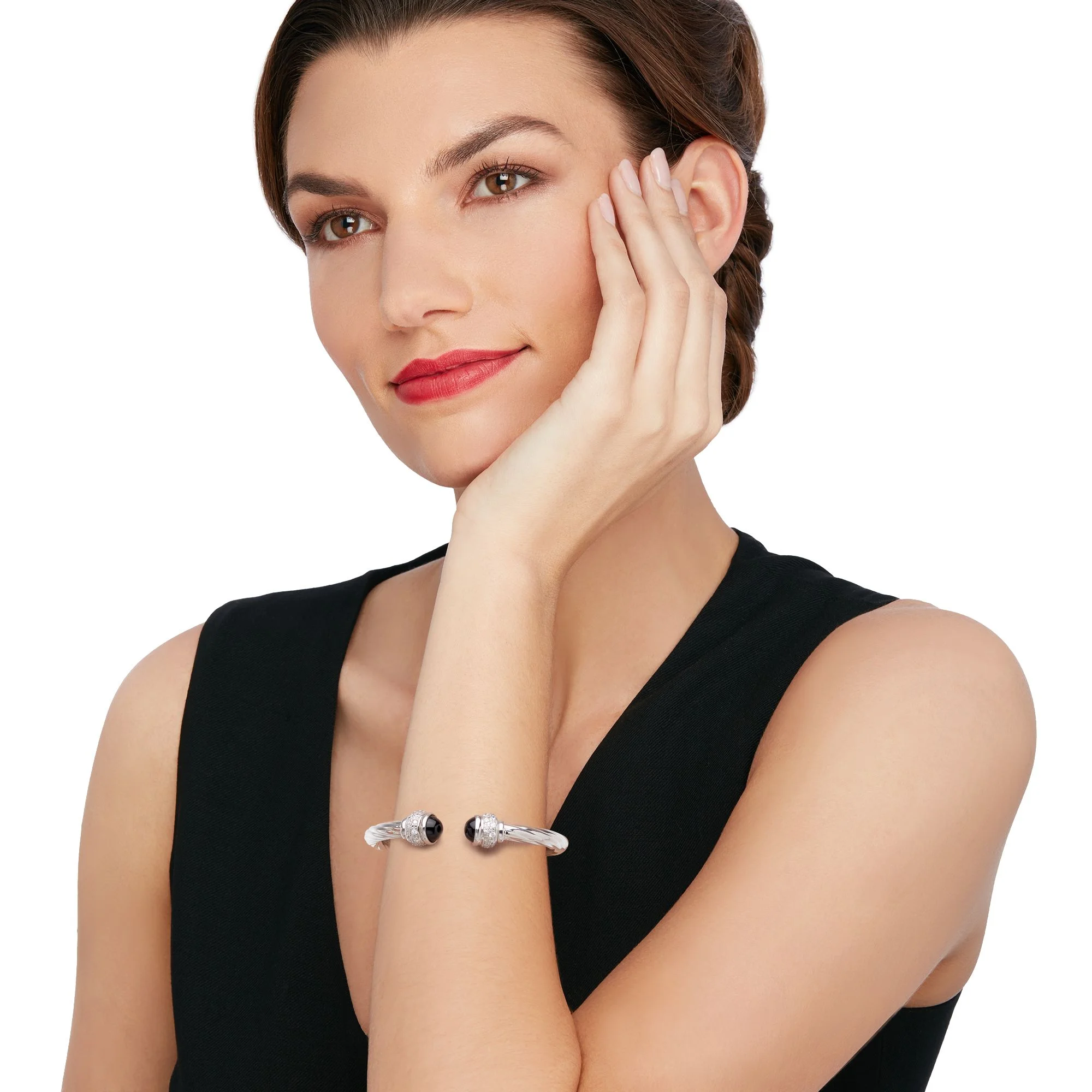 Ross-Simons Italian Black Onyx and 1.30 ct. t.w. CZ Twisted Cuff Bracelet in Sterling Silver, Women's, Adult