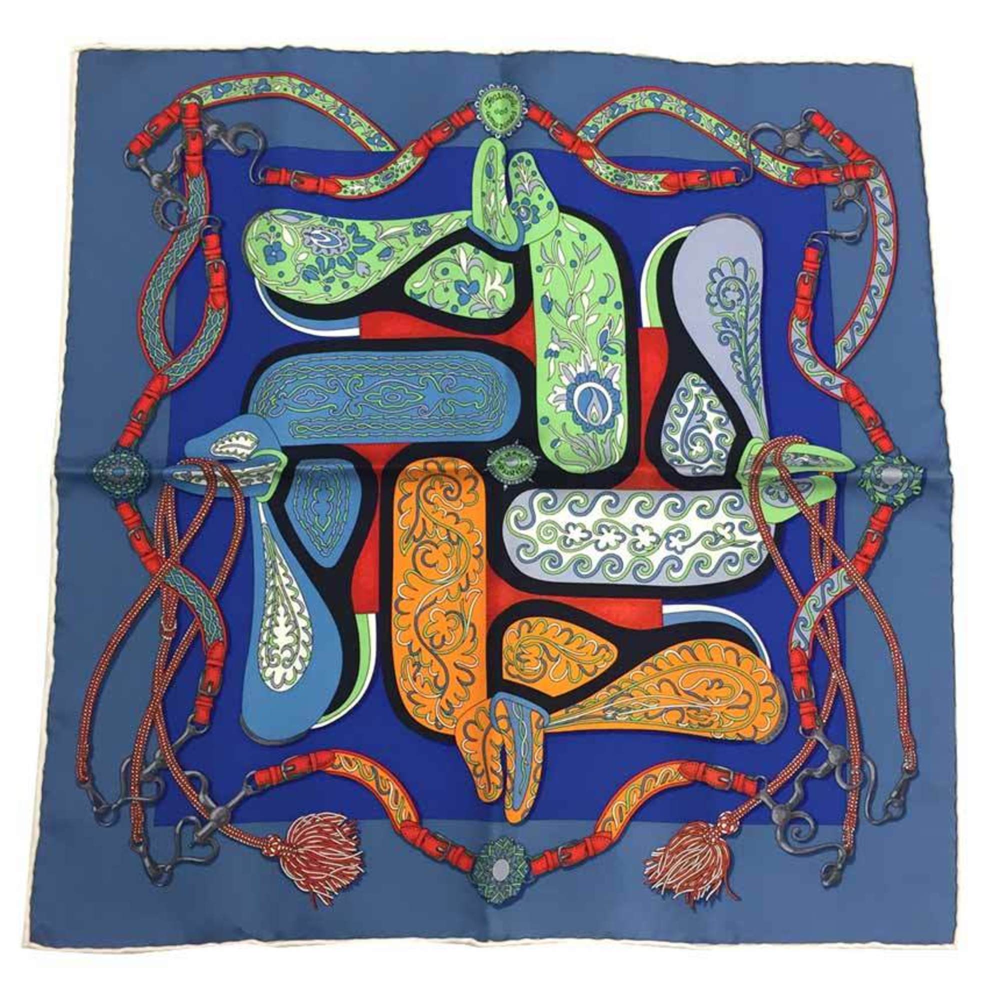 Pre-Owned HERMES Hermes Carre 45 Gavroche Scarf Muffler FESTIVAL DES AMAZONES Amazon Festival BLUE/ROUGE/VERT 100% Silk Pocket Square Neckerchief aq7340 (Like New)