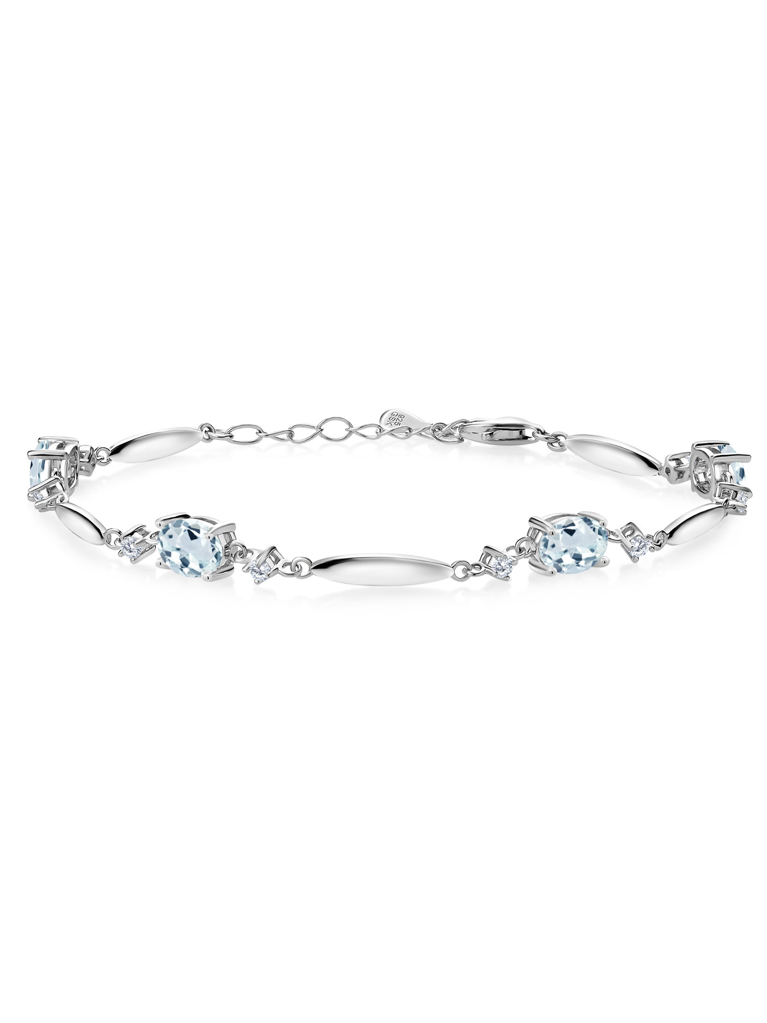 Gem Stone King 925 Sterling Silver Sky Blue Aquamarine and White Lab Grown Diamond Tennis Bracelet For Women | 3.30 Cttw | Gemstone March Birthstone | Oval 7X5MM | 6 inch + 1 inch Extender