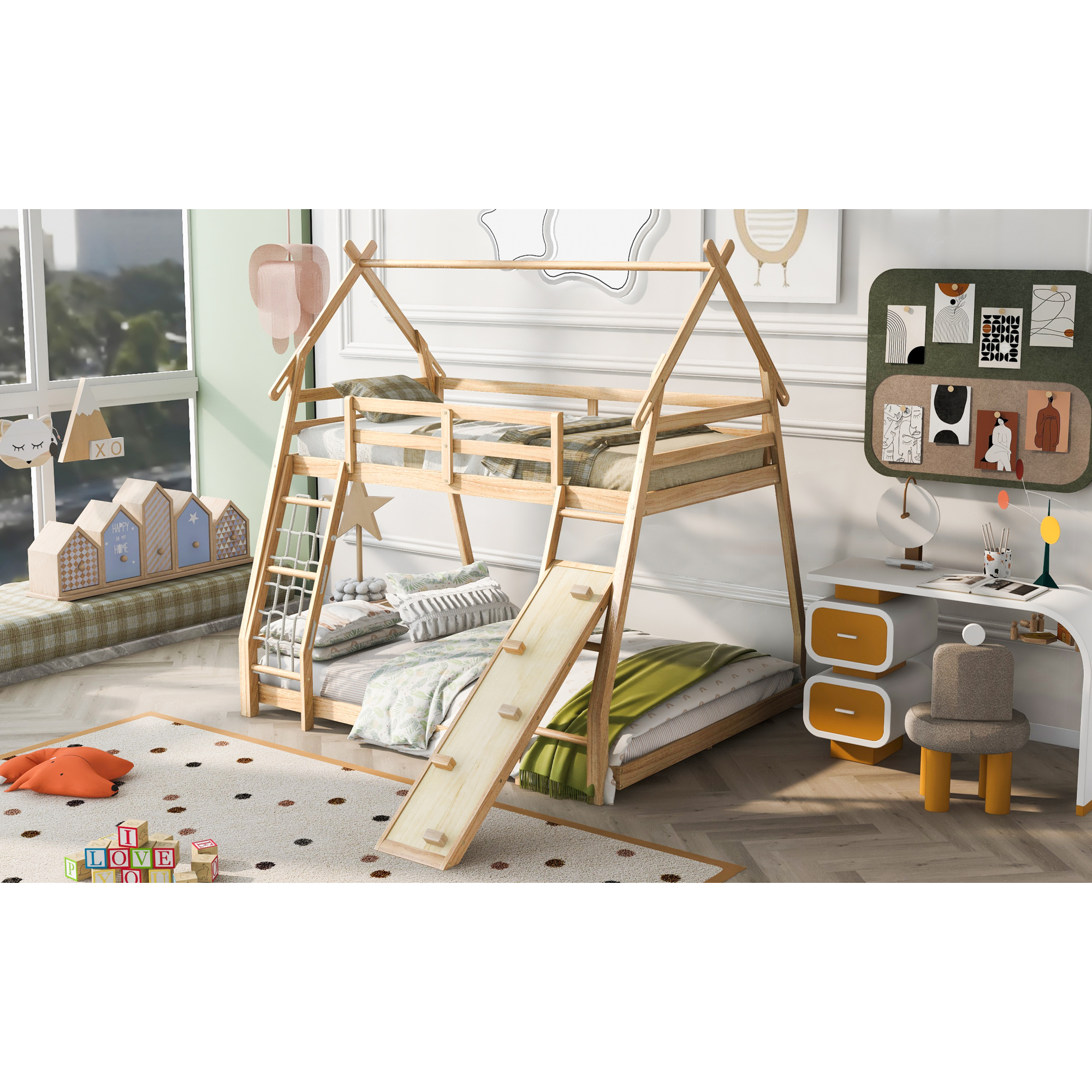 Dawn Whisper Twin over Queen House Bunk Bed with Climbing Nets and Climbing Ramp, Natural