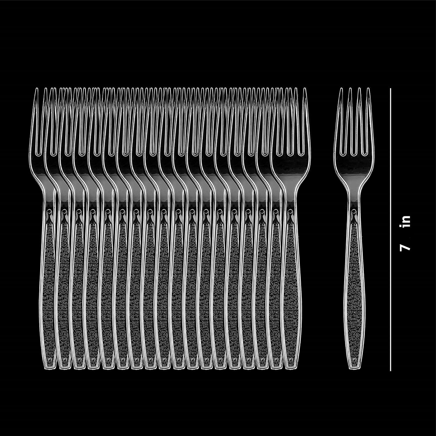 crystalware, heavy-weight clear plastic forks, durable, disposable, box of 100