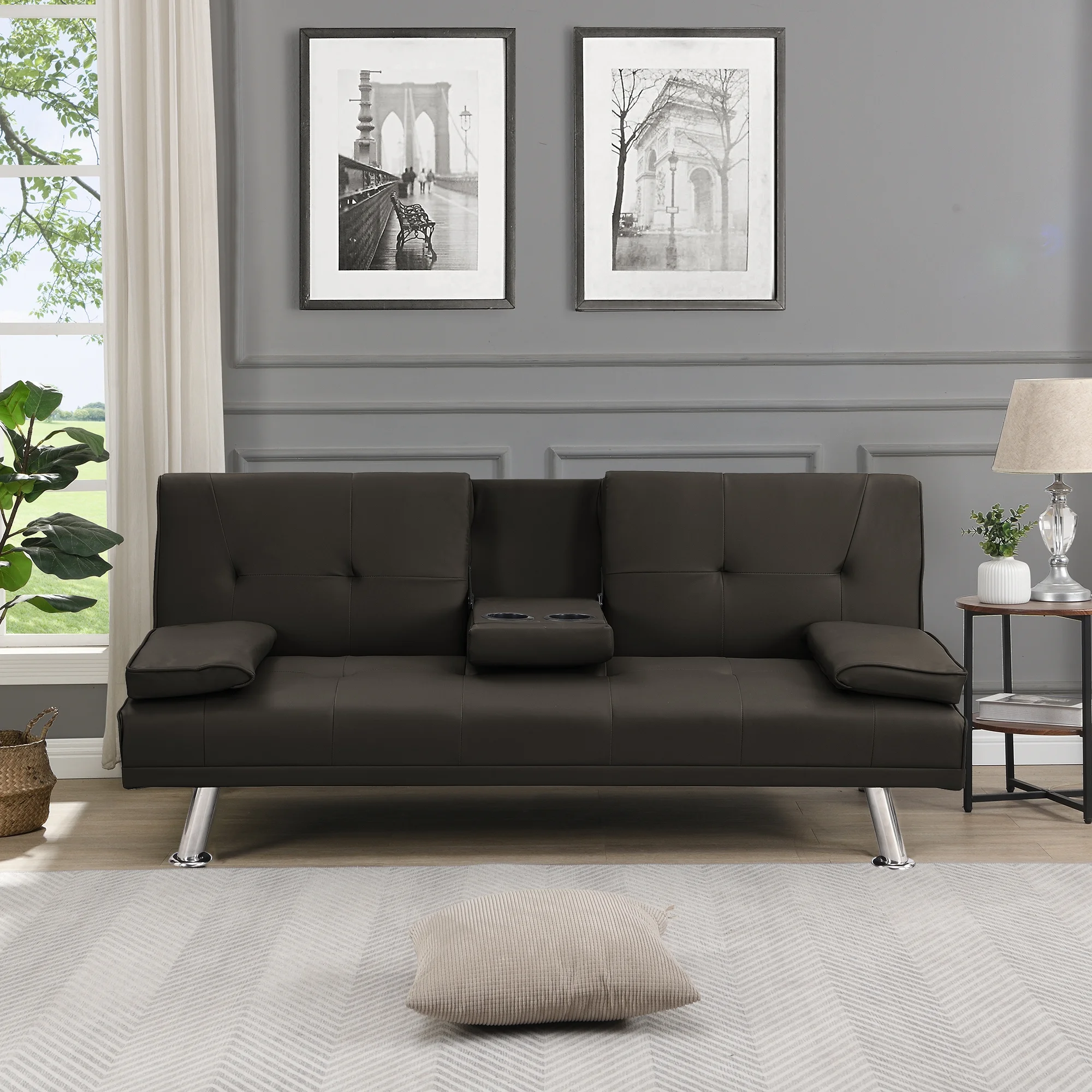 Sofa Bed with Armrest two holders wood frame