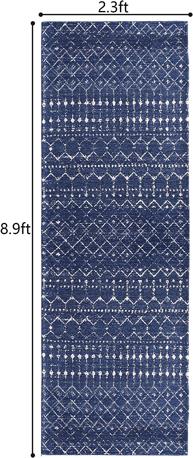 Hallway Runner Rugs Non Slip Machine Washable Boho Moroccan Dark Blue Geometric Abstract Flat Weave Dog Friendly 9 feet Kitchen Runner Indoor mat 2.3'x8.9'