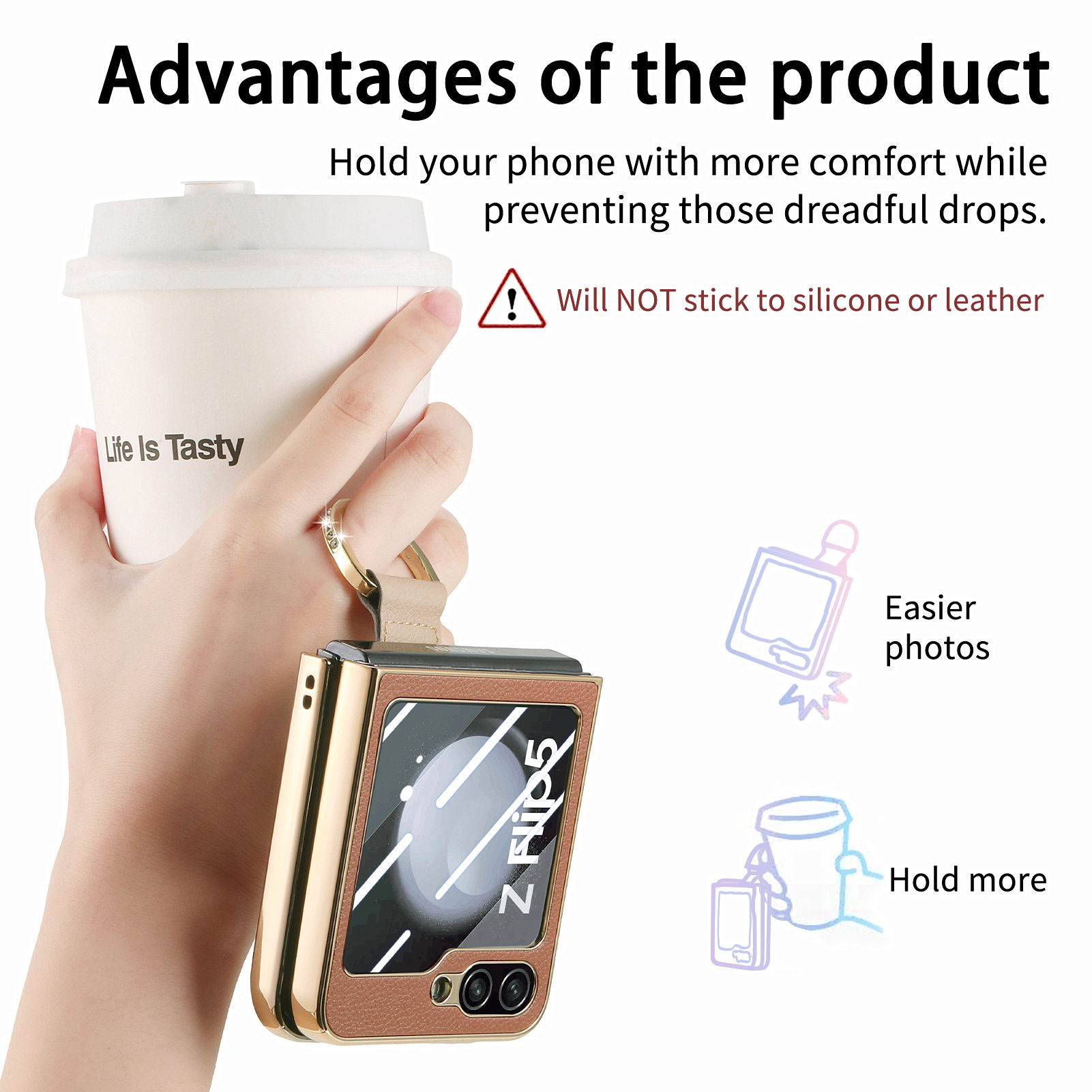 ELEHOLD for Samsung Galaxy Z Flip5 Plating Leather Case,Electroplated Bumper Premium PU Leather Shockproof Case with Built-in Screen Protector Wristband Diamond Ring Holder for Galaxy Z Flip5,  Brown