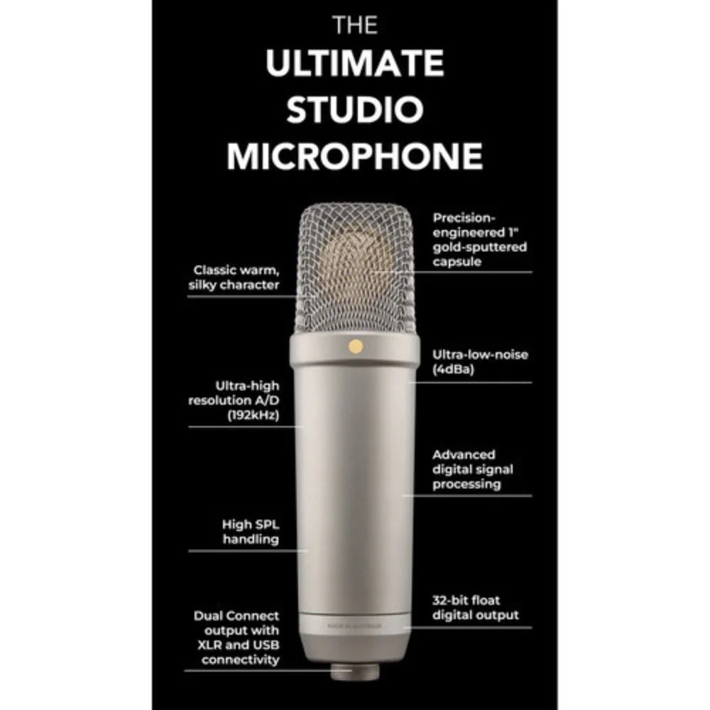 Rode NT1 (Silver)5th Generation Hybrid Studio Condenser Microphone Bundle with Mic Stand with Fixed Boom