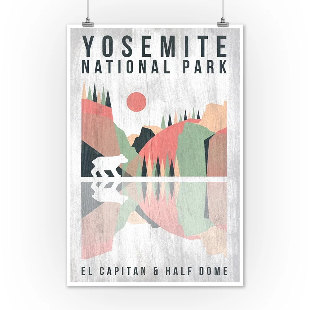 Yosemite National Park, California, El Capitan and Half Dome, Bear and Reflection Press (12x18 Wall Art Poster, Room Decor)
