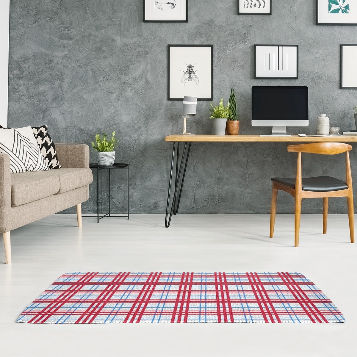 ArtVerse Houston Throwback Football Luxury Plaid Area Rug White/Light Blue/Red 2.5' x 8' 2' x 3'