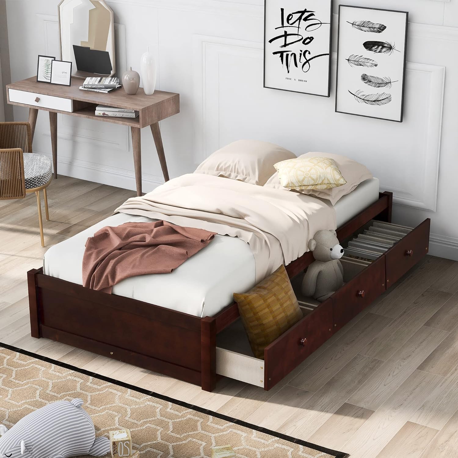 Bed With Drawers, Solid Wood Platform Bed Frame With Storage For Bedroom Living Room, Storage Bed For Girls Boys, Cherry