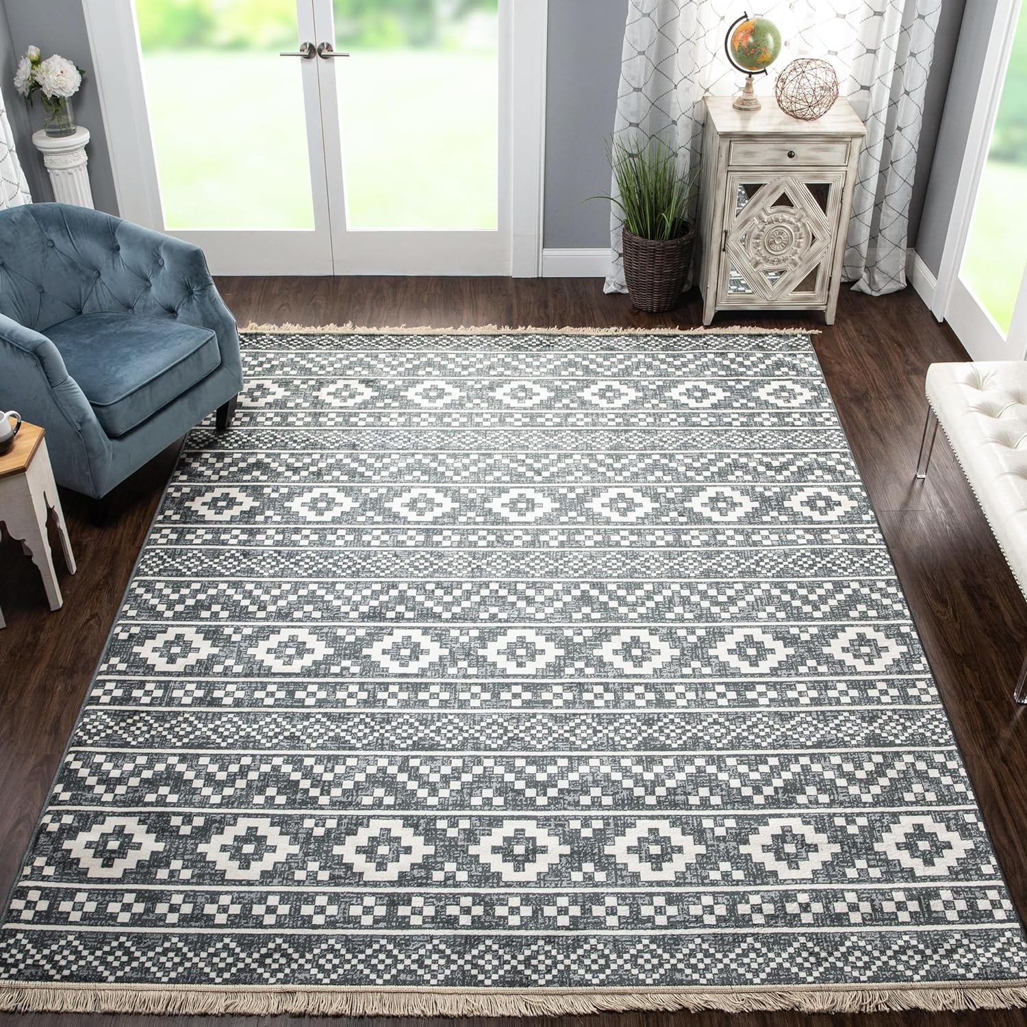 Indoor Area Rug, Jute Backed, Perfect For Entryway, Office, Living/Dining Room, Bedroom, Kitchen, Hardwood Floor, Geometric Decor, Genaine Collection, 5' X 8', Nightfall Blue