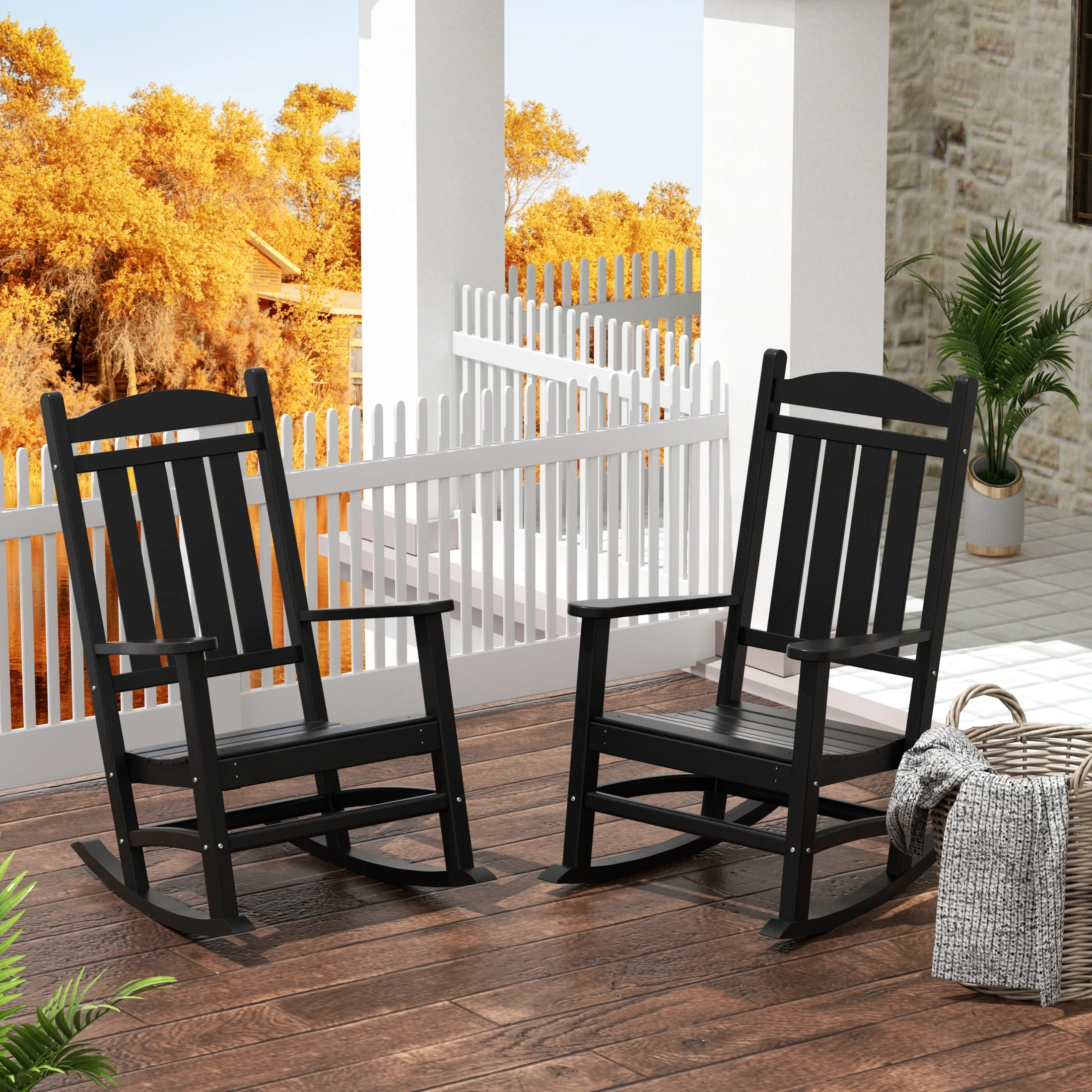 WestinTrends Malibu Outdoor Rocking Chair Set of 2, All Weather Poly Lumber Adirondack Rocker Chair with High Back, 350 Lbs Support Patio Black Rocking Chair for Porch Deck Garden Lawn
