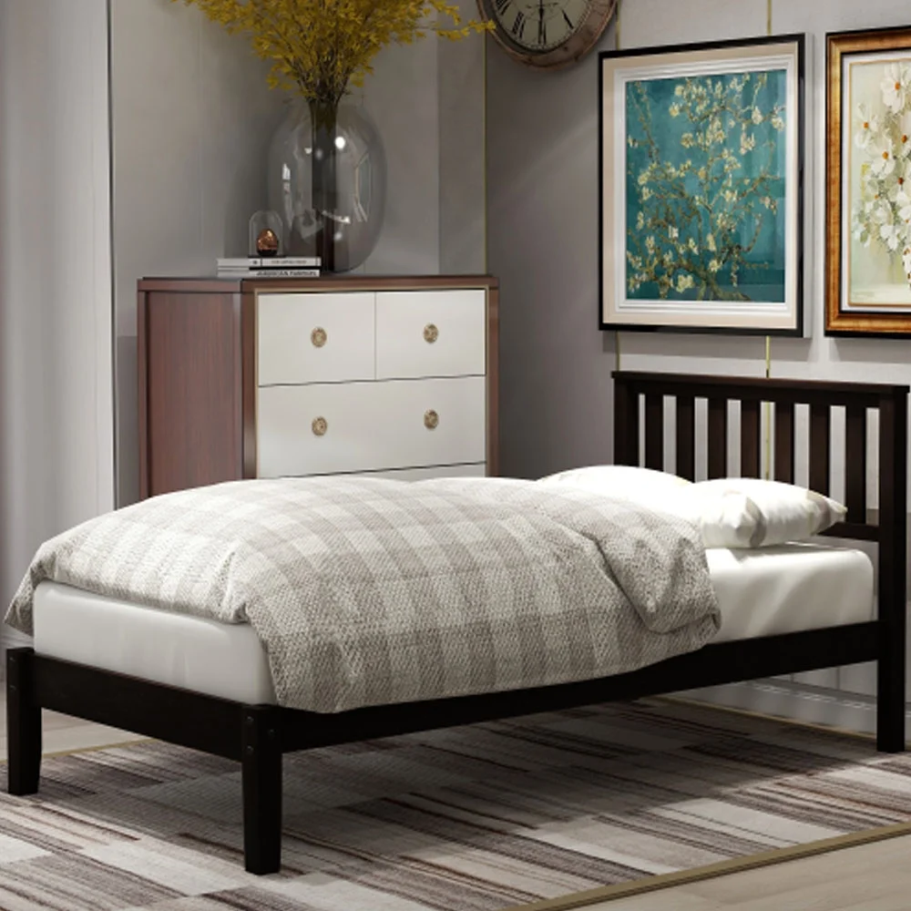 Wood Platform Bed with Headboard/Wood Slat Support,Twin - Espresso