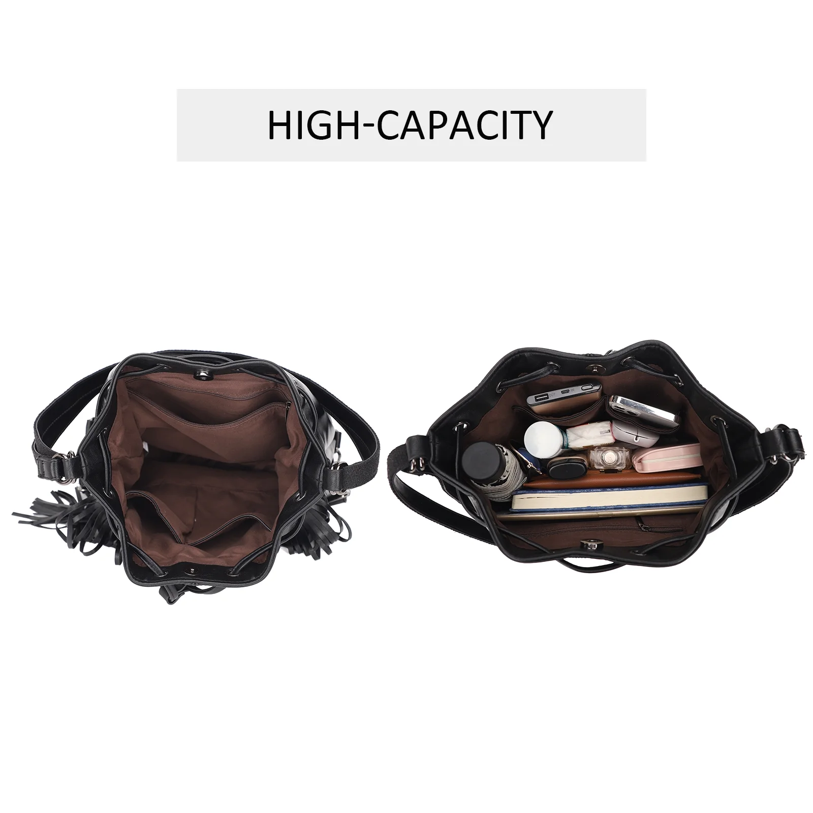 KL928 Women Backpack Purse Fringed Tassel Shoulder Bag with Drawstring Black