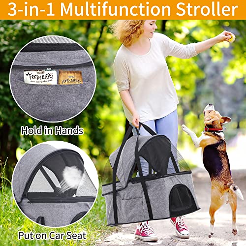 BLKMTY Dog Stroller 3-in-1 Folding Pet Stroller 3 Wheels Cat Stroller w/Storage Basket Dog Carrier Trolley One-Button Switch Travel Stroller with Safety Belt Detachable Carrier Stroller, Grey