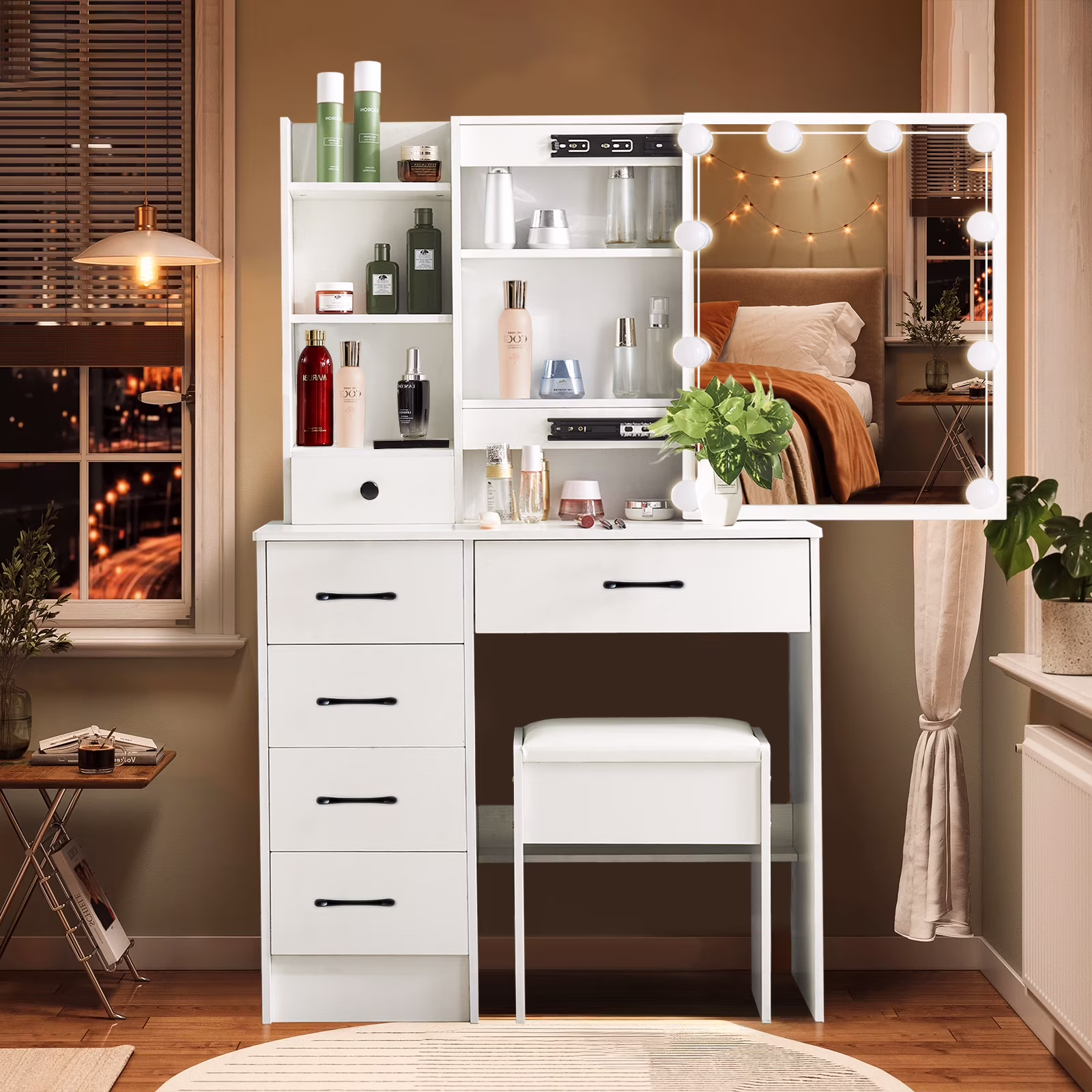 Yamissi Makeup Vanity with Lighted Sliding Mirror and Stool, Vanity Table with Storage Shelves and Drawers, Modern Vanity Desk for Bedroom, White