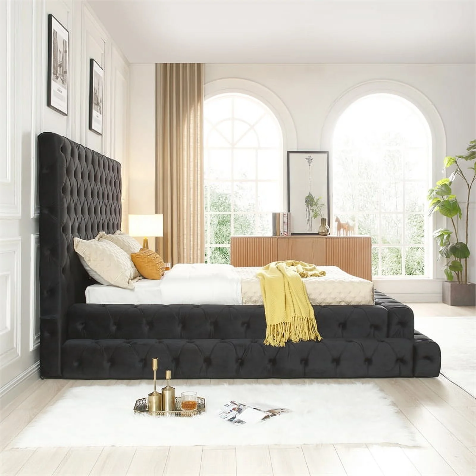 Maklaine Modern Queen Size Thick Velvet Upholstered Bed in Black