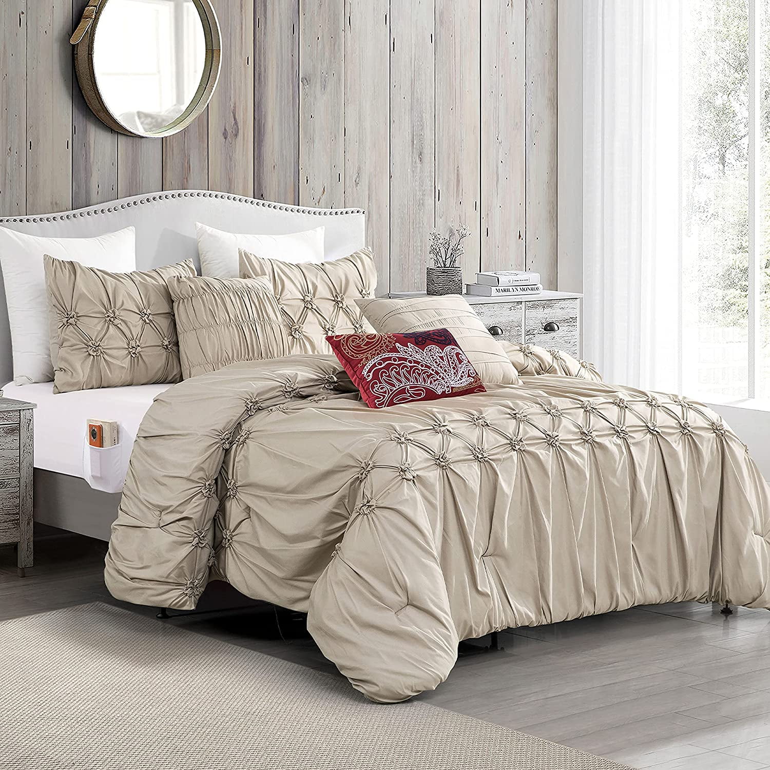 Comforter Set - Ella Pleated Ruched Bed-in-a-Bag with Smart Sheet Set and Matching Decorative Pillows - 12-Piece Set, King/California King, Linen