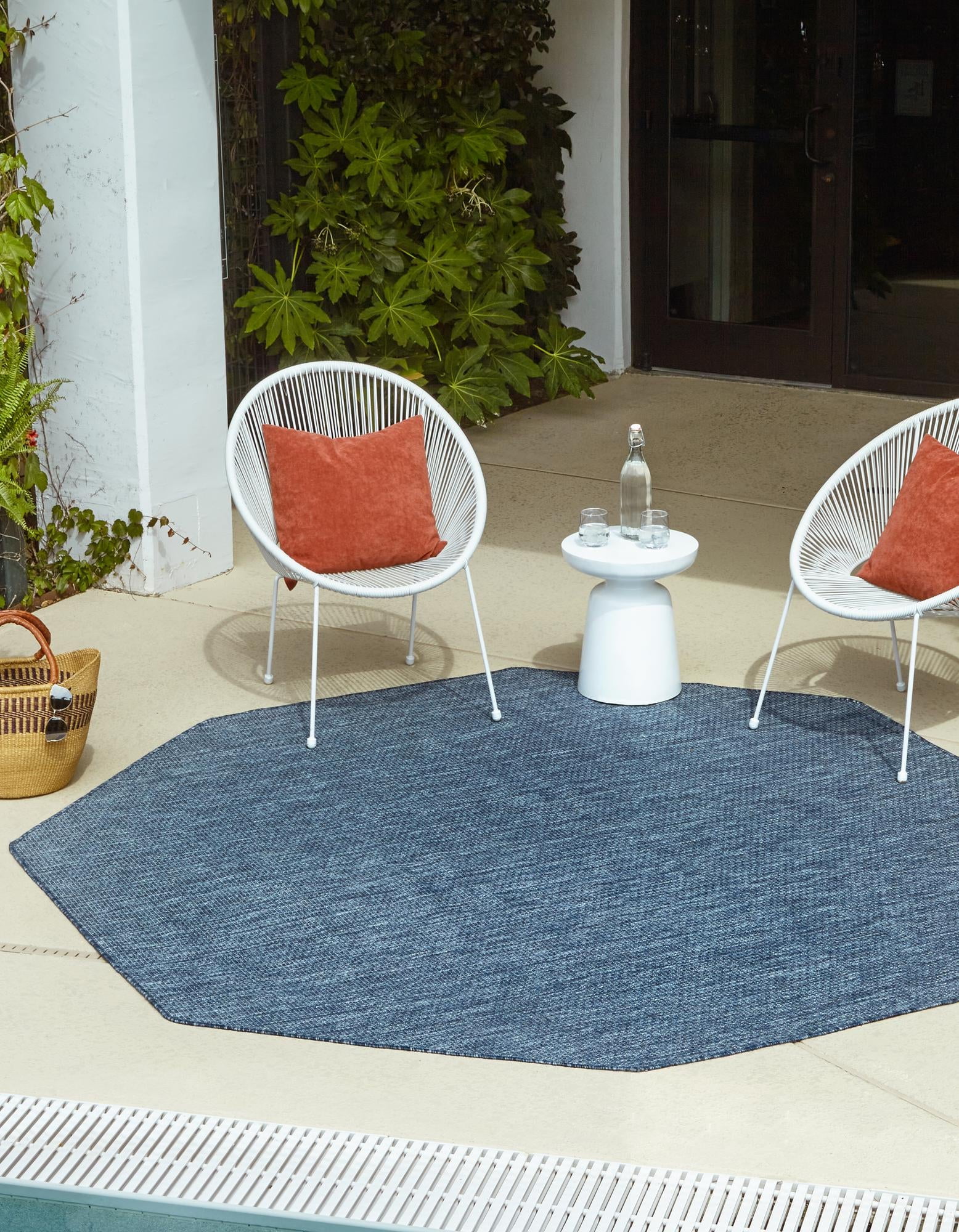 Rugs.com Outdoor Solid Collection Rug – 8 Ft Octagon Blue Flatweave Rug Perfect For Living Rooms, Kitchens, Entryways