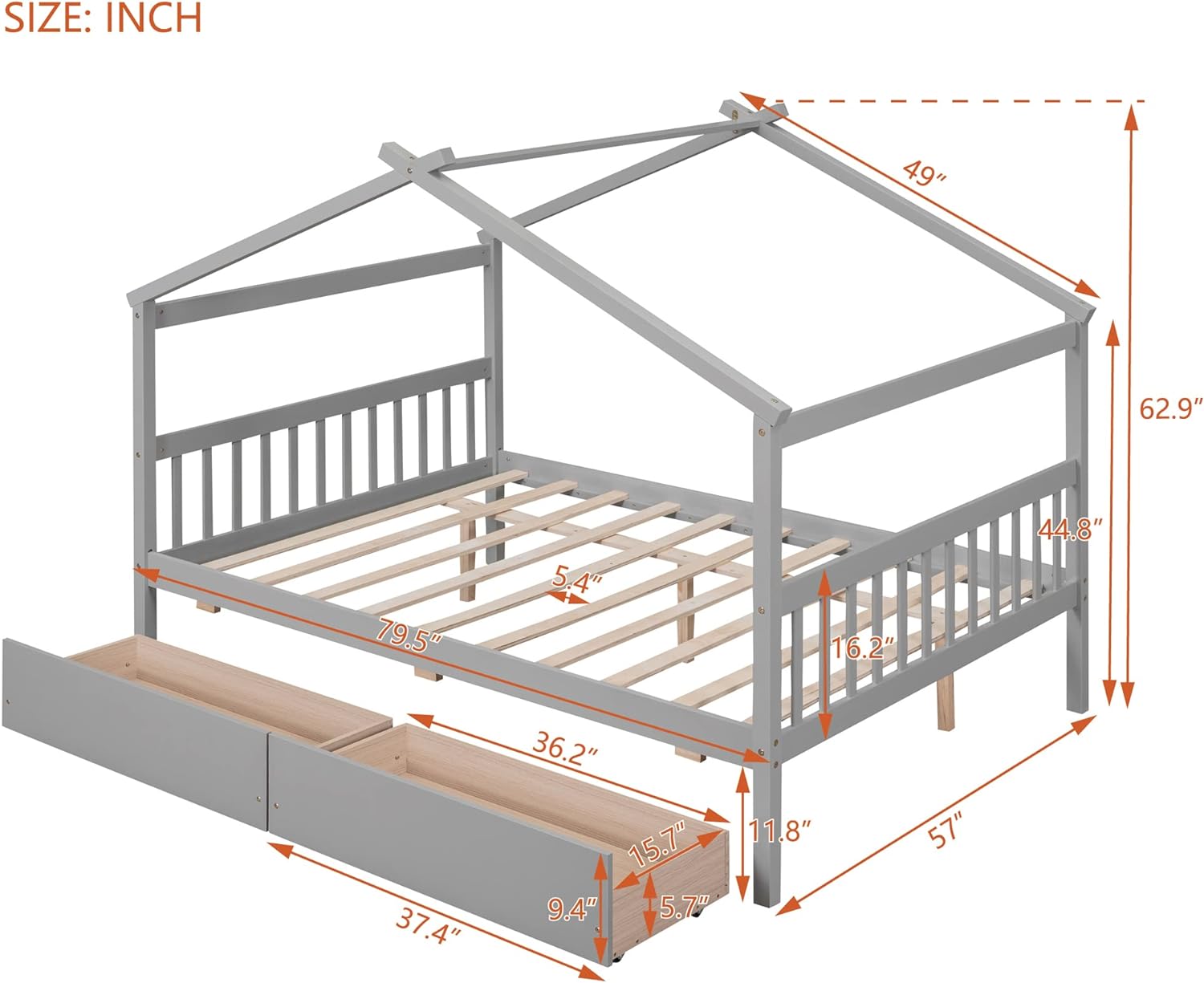 Full Size House Bed With Drawers, Wooden Full Platform Bed Frame With Headboard And Footboard, Roof Design, For Guest Room/Living Room, Gray