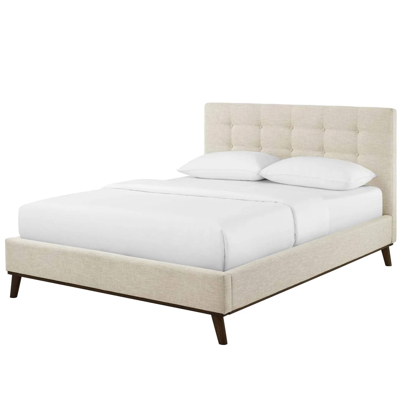 Contemporary Modern Urban Designer Bedroom Queen Size Platform Bed Frame, Fabric, Beige