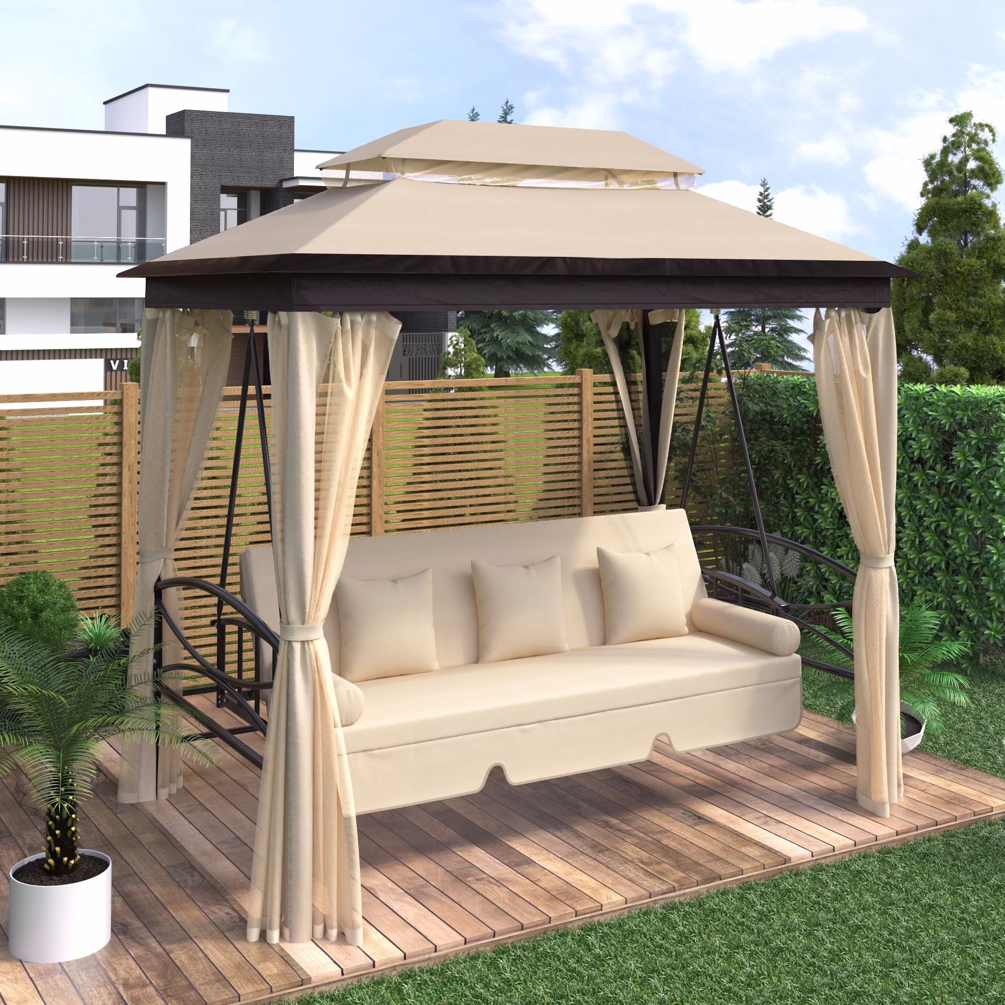 Algherohein Outdoor Canopy Swing Bed, 3 Seat Patio Gazebo Swing Chair for Balconies, Gardens,Beige