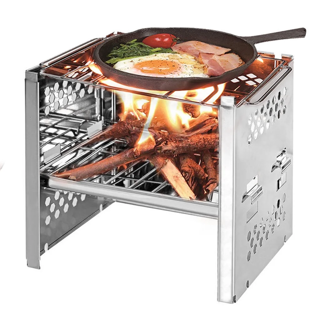 YOHOME Outdoor Portable Foldable Camping Stove Wood Stove Stainless Steel BBQ