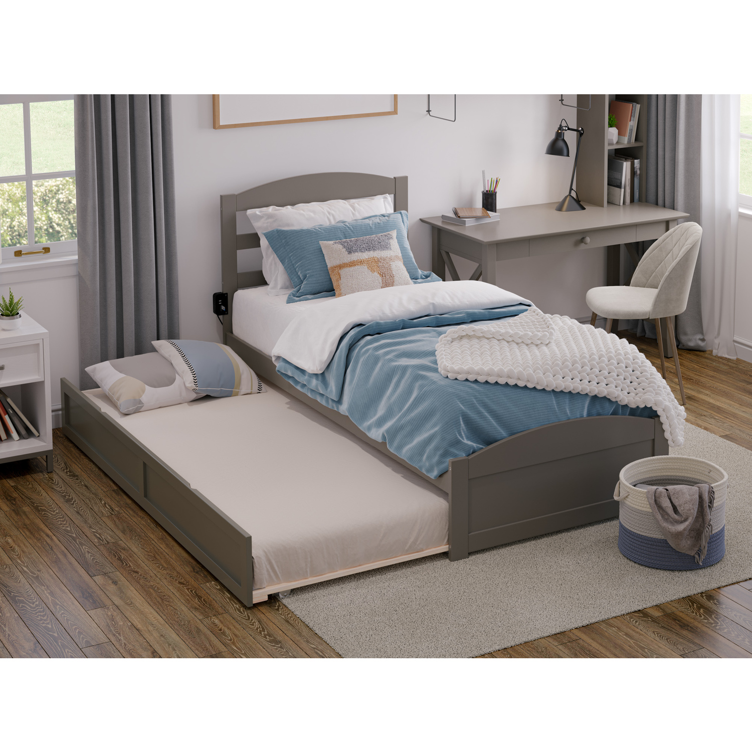AFI Warren Solid Wood Twin Bed w/ Footboard & Twin Trundle in Gray