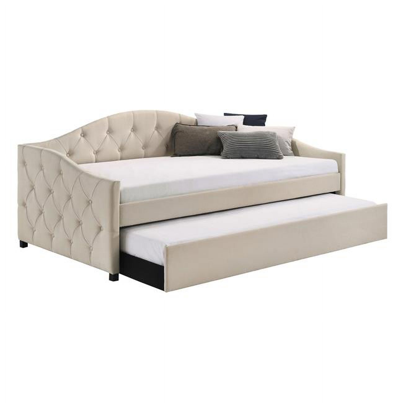 Taupe, Beige & Black Upholstery Tufted Mosh Twin Daybed with Trundle & Camel Back