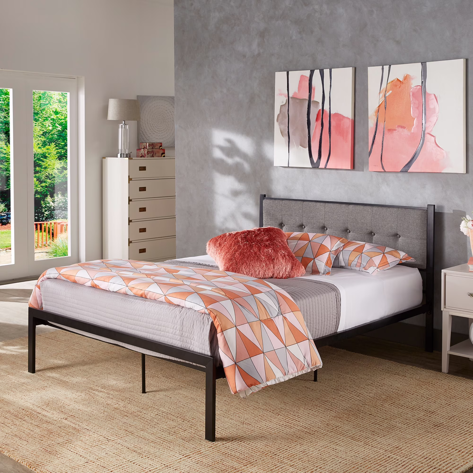 Weston Home Berzelia Metal Full Platform Bed with Tufted Linen Headboard, Gray/Black