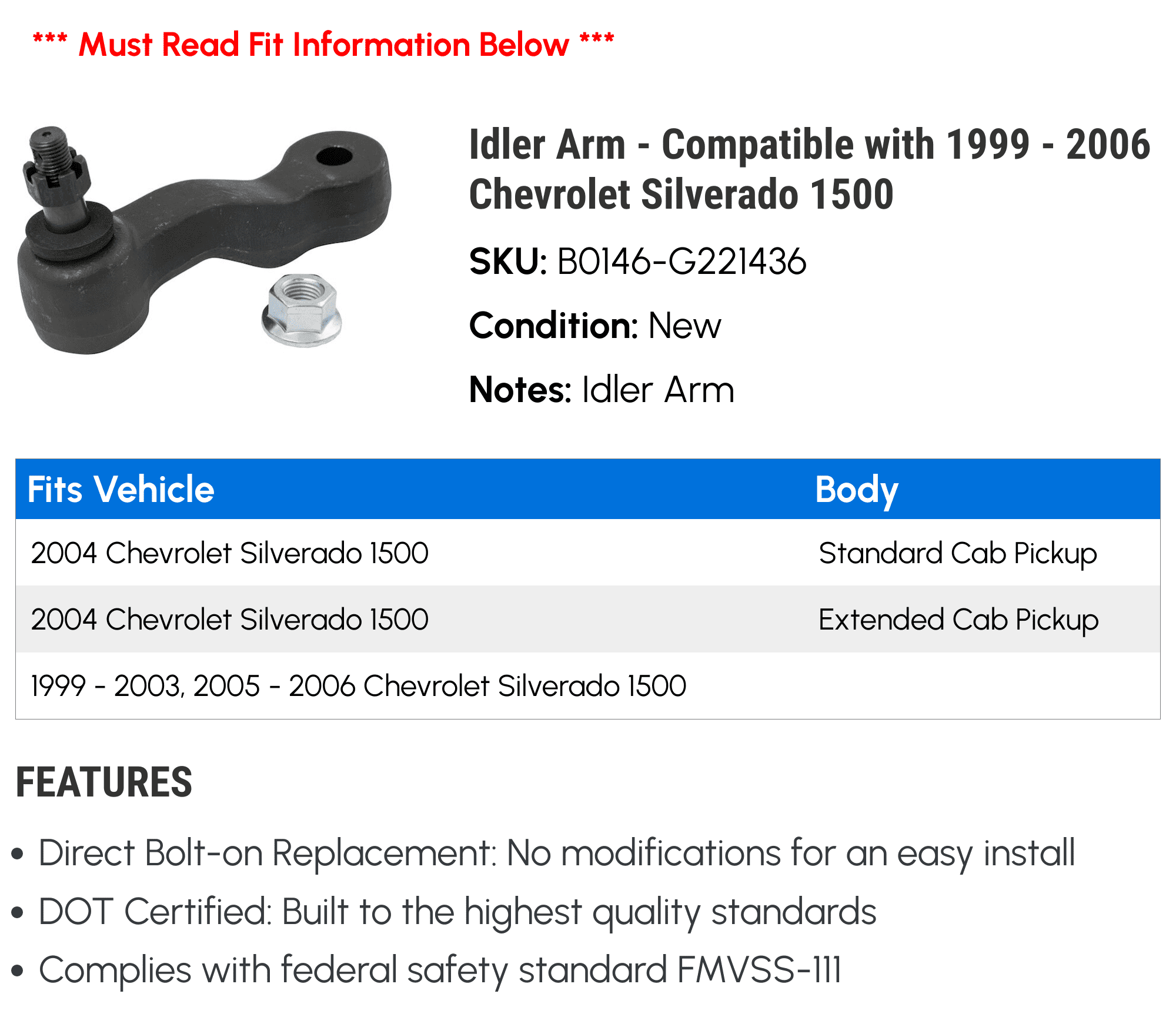 Idler Arm - Compatible with 1999 - 2006 Chevy Silverado 1500 2000 2001 2002 2003 2004 2005