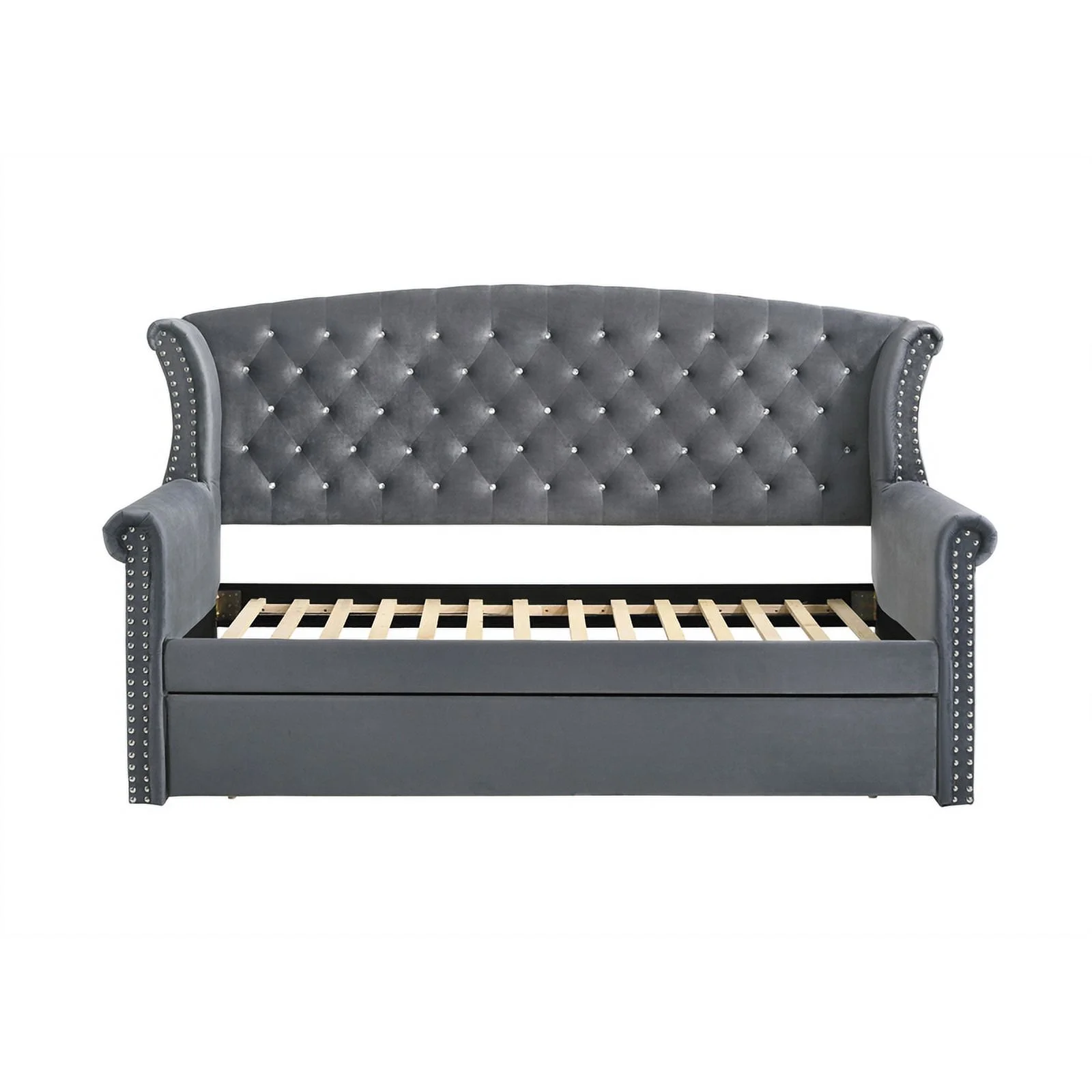 Maklaine Velvet Upholstered Tufted Twin Daybed with Trundle in Gray