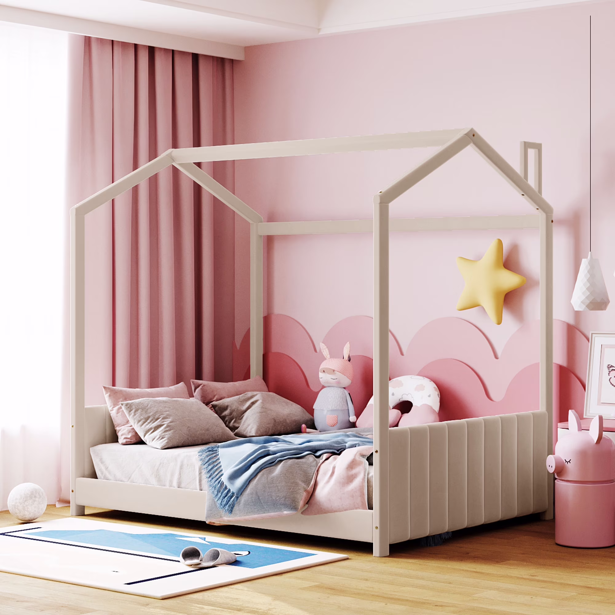 Wood House Bed with Roof, Full Size Platform Bed with Roof, Good Dream Bed with Velvet, Fun Bed with Roof, Wooden Bedstead for Boys, Girls, Teens, No Box Spring Need, Beige