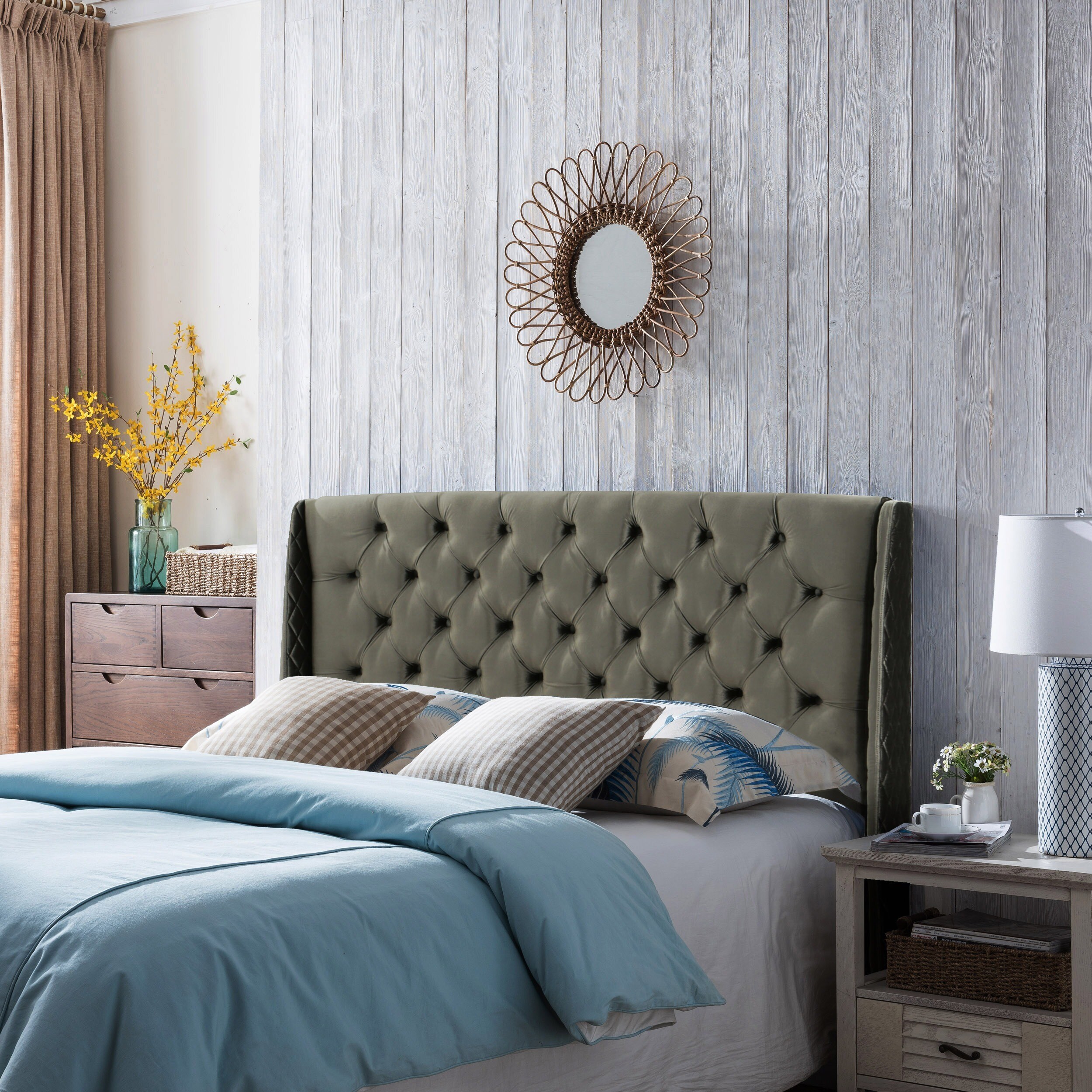 Christopher Knight Home Lidia Adjustable Wingback Queen Tufted Velvet Headboard by  Navy Blue